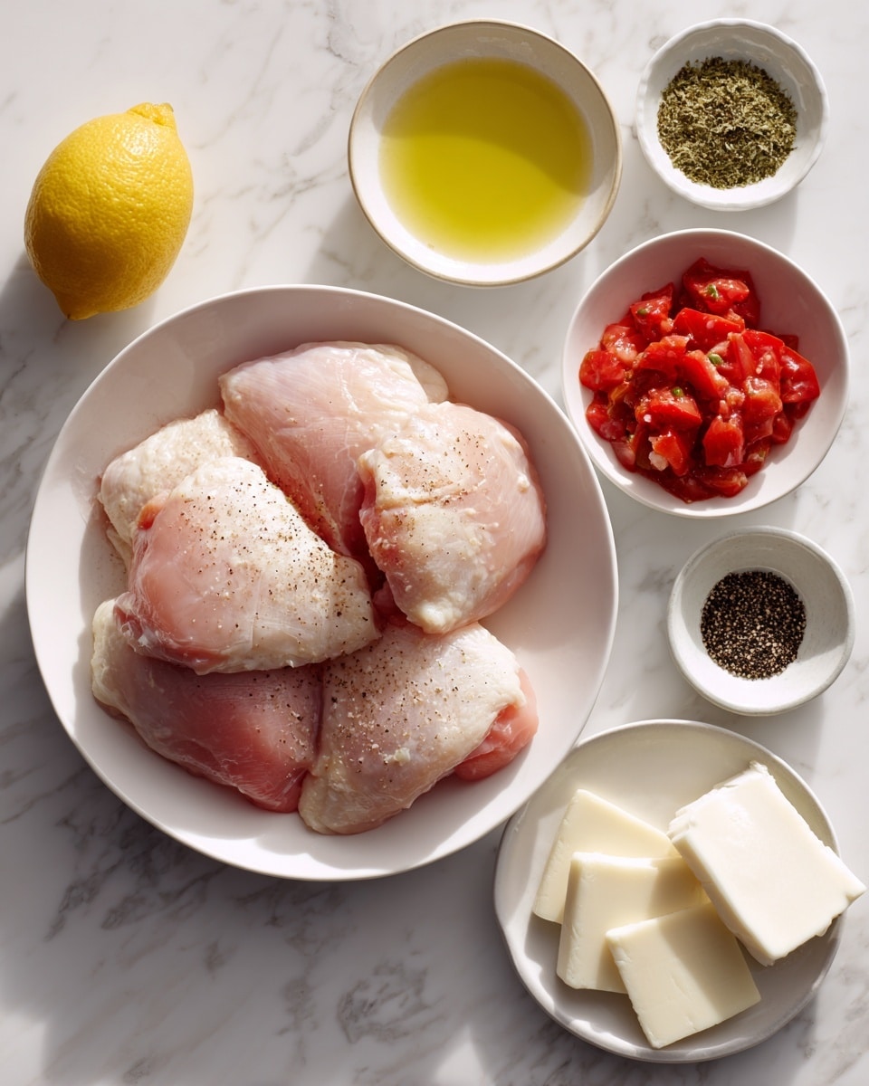 The image shows an overhead view of a white bowl filled with four large pieces of raw chicken, placed on a white marbled surface. Surrounding this bowl, there is a small white bowl of light yellow liquid, a small white bowl with chopped red tomatoes, a whole yellow lemon on the surface, a white bowl with several slices of white cheese, and two small white bowls with spices—one with green seasoning and the other with brown and black spice mixes. A small white bowl with black pepper completes the arrangement. All items have a clean, fresh look with a bright natural light on a white marbled background. photo taken with an iphone --ar 4:5 --v 7