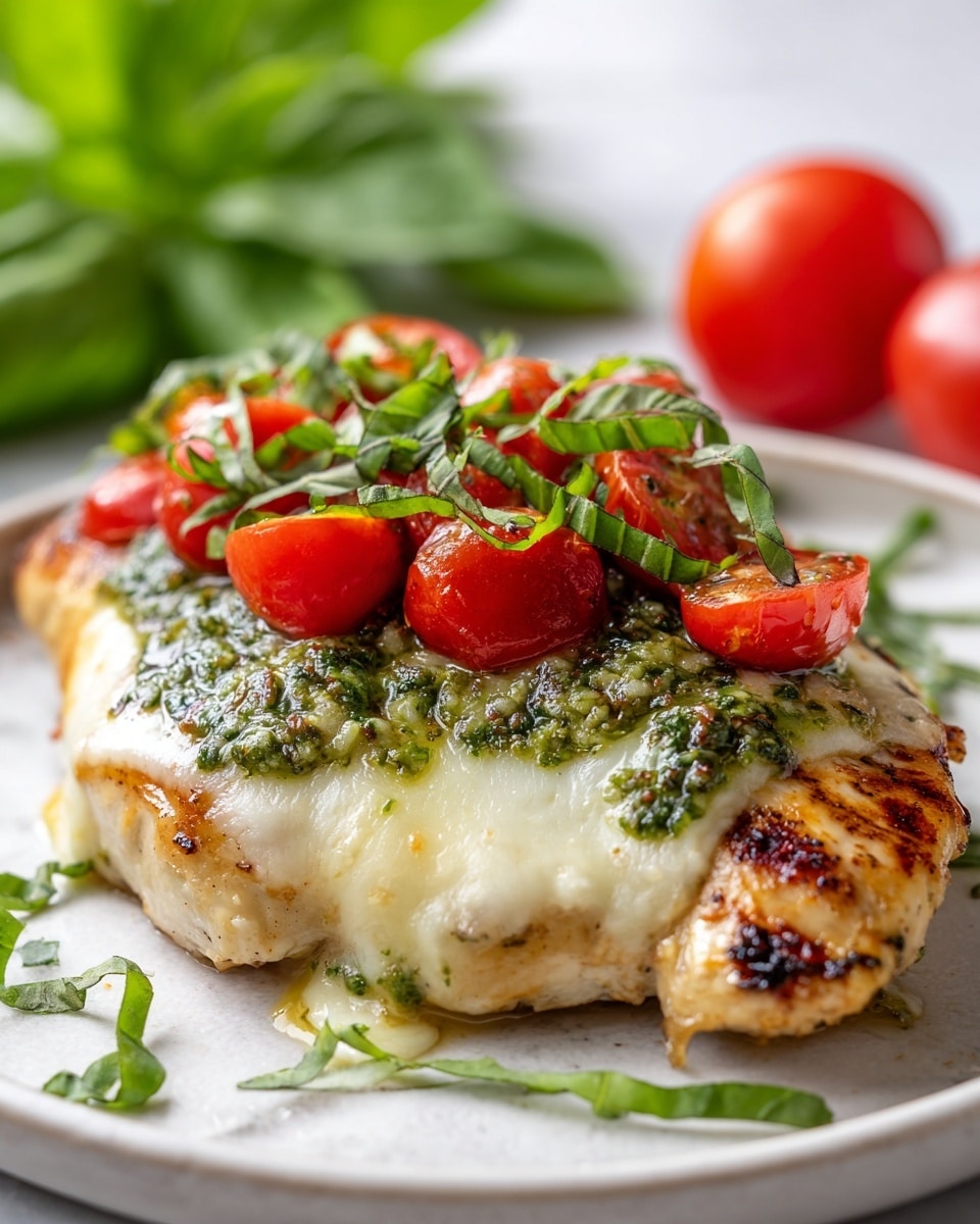 A grilled piece of chicken sits on a white plate placed on a white marbled surface. On the chicken’s bottom layer, the grilled texture is visible in golden brown color. Above it, there is a smooth layer of white melted cheese, followed by a thick layer of green pesto sauce spreading evenly on top. The top layer consists of bright red chopped cherry tomatoes mixed with fresh green basil strips scattered both on the chicken and around the plate. In the background, a whole cherry tomato and more basil leaves are partly visible. photo taken with an iphone --ar 4:5 --v 7