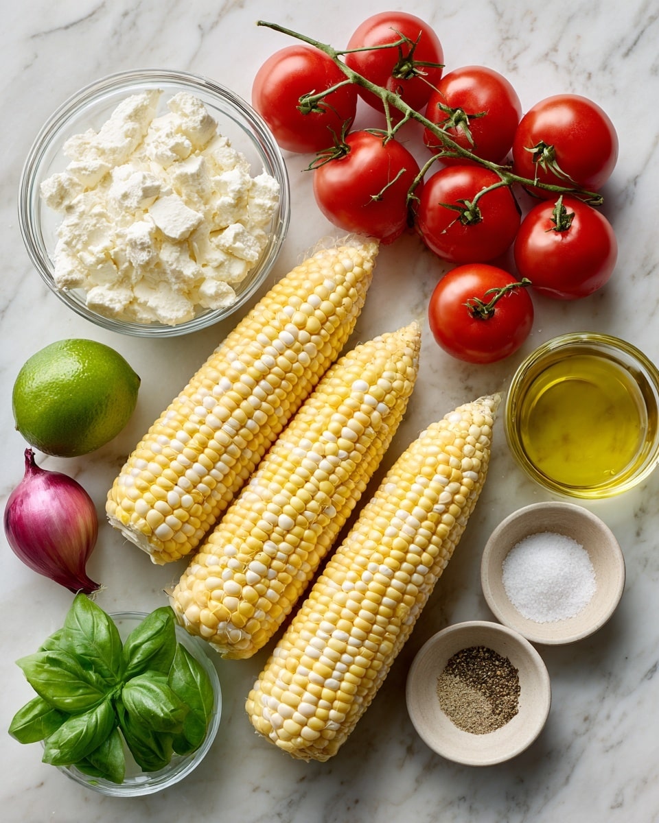 The image shows three ears of raw corn with yellow and white kernels placed horizontally in the center on a white marbled surface. Above the corn, there are two clusters of bright red cherry tomatoes still on the vine, arranged in a loose diagonal. To the left of the corn, a clear glass bowl is filled with white creamy cheese, and below that is a whole purple onion and a whole lime with a green peel. On the right side, there is a small white bowl with fresh green basil leaves, a glass of light golden oil, and two small clear dishes containing white salt and coarsely ground black pepper. Each item is clearly defined and set apart on the white marbled background. Photo taken with an iphone --ar 4:5 --v 7