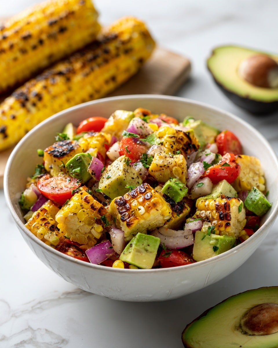 The image shows a white bowl filled with a colorful corn salad. The salad has grilled corn pieces that are golden yellow with some black char marks, mixed with small red tomato chunks, green avocado cubes, and bits of light purple onion. The ingredients are layered evenly and appear fresh with a light sprinkling of black pepper on top. In the background, there are two pieces of grilled corn on the cob, also golden yellow with char marks, placed on a white marbled surface. A half avocado with a brown seed is partly visible at the bottom right corner. The light is bright, making the colors look fresh and vibrant. Photo taken with an iphone --ar 4:5 --v 7