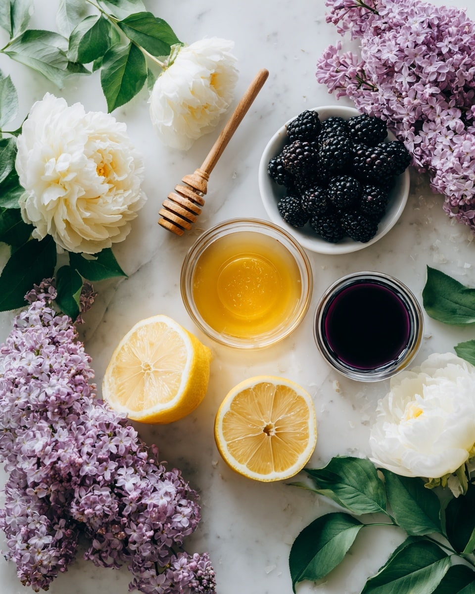 The image shows a white marbled table with ingredients arranged on it. There are two halves of a yellow lemon, one whole lemon half with a wooden reamer on top. A small clear glass bowl with light golden honey sits near the top center. Next to it is a white bowl filled with blackberries. A smaller glass container holds a dark purple liquid. Purple lilac flowers and green leafy stems with white peony flowers frame the sides, giving the scene a fresh and natural look. The colors contrast softly against the white surface, creating a light and bright atmosphere. photo taken with an iphone --ar 4:5 --v 7