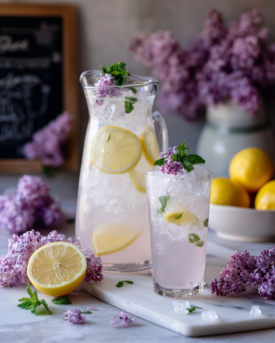 The image shows a clear glass pitcher and a clear glass filled with a pale pink drink, both placed on a white marbled surface. The pitcher is filled with ice, floating lemon slices, and small lilac flowers on top. The glass has crushed ice, a lemon slice inside near the bottom, and a sprig of fresh green mint on top with lilac flowers scattered around. A half lemon and clusters of lilac flowers are placed around the pitcher and glass, with a blurry background including a chalkboard sign, lemons in a white bowl, and more lilac flowers. photo taken with an iphone --ar 4:5 --v 7