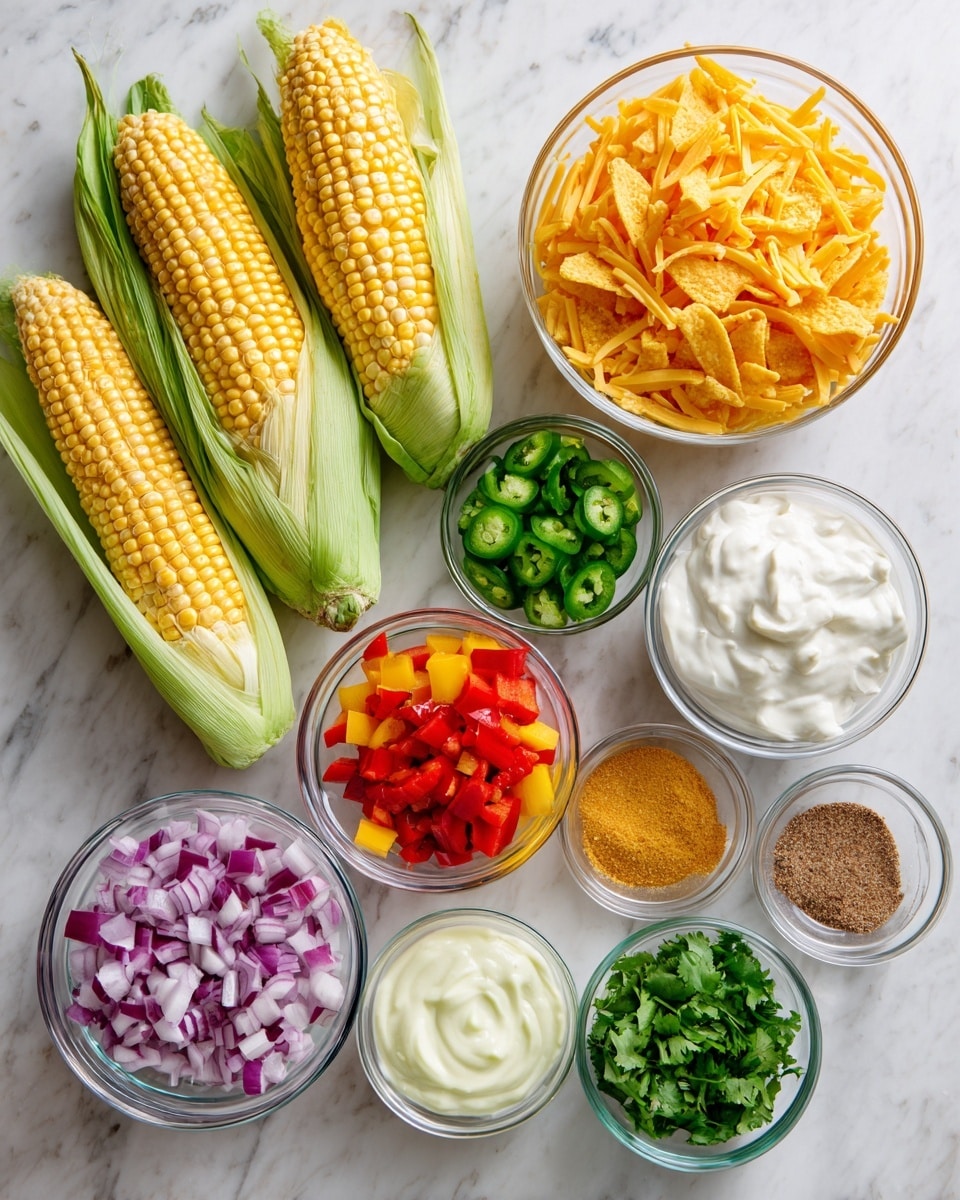 The image shows fresh ingredients arranged neatly on a white marbled surface. There are four ears of corn with green husks on the left side. Two bags of yellow Fritos chips are placed nearby. In clear glass bowls, the ingredients include shredded yellow cheddar cheese, finely chopped red and yellow bell peppers, chopped red onions, chopped green jalapeños, chopped fresh green cilantro, a bowl of smooth white sour cream, a bowl of creamy mayonnaise, a small bowl of light green lime juice, a bowl of brownish seasoning powder, a bowl of salt, and a bowl of finely grated green lime zest. The colors are bright and vibrant, and all the bowls are white or clear glass. Photo taken with an iphone --ar 4:5 --v 7