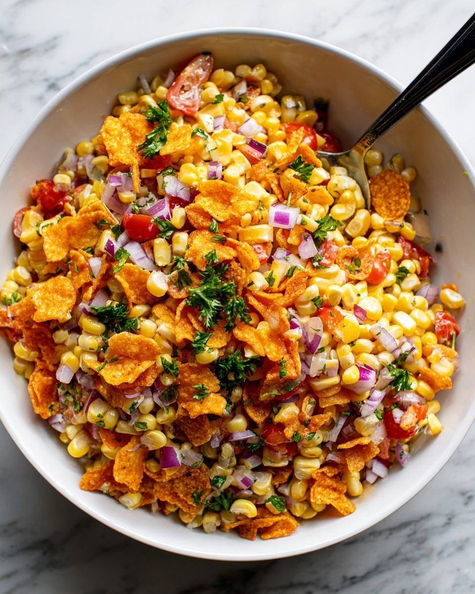 A large white bowl filled with a colorful corn salad. The dish has multiple layers of small yellow corn kernels mixed with finely diced red tomatoes, pale purple onion pieces, and orange crunchy chips or crackers spread throughout. The texture looks chunky and fresh with some green parsley sprigs placed on top as garnish. A black spoon is inserted into the bowl ready for serving. The bowl is sitting on a white marbled surface photo taken with an iphone --ar 4:5 --v 7
