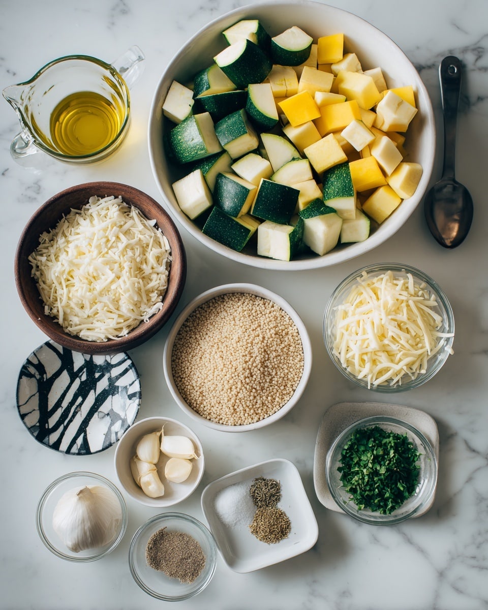 The image shows several small white bowls and plates arranged on a white marbled surface, each holding different ingredients. One large white bowl is filled with yellow squash pieces and green zucchini cubes. Nearby, a brown bowl holds a light beige grain, likely couscous, and a glass container with a handle holds golden oil. A small black and white striped plate contains chopped garlic, while a white square bowl has white chopped onions. Other white bowls contain green cilantro leaves, coarse salt, black pepper with a small spoon, and light brown dried herbs. There are also clear glass bowls filled with shredded cheese and a creamy white sauce. The overall setup looks clean and organized for cooking. photo taken with an iphone --ar 4:5 --v 7