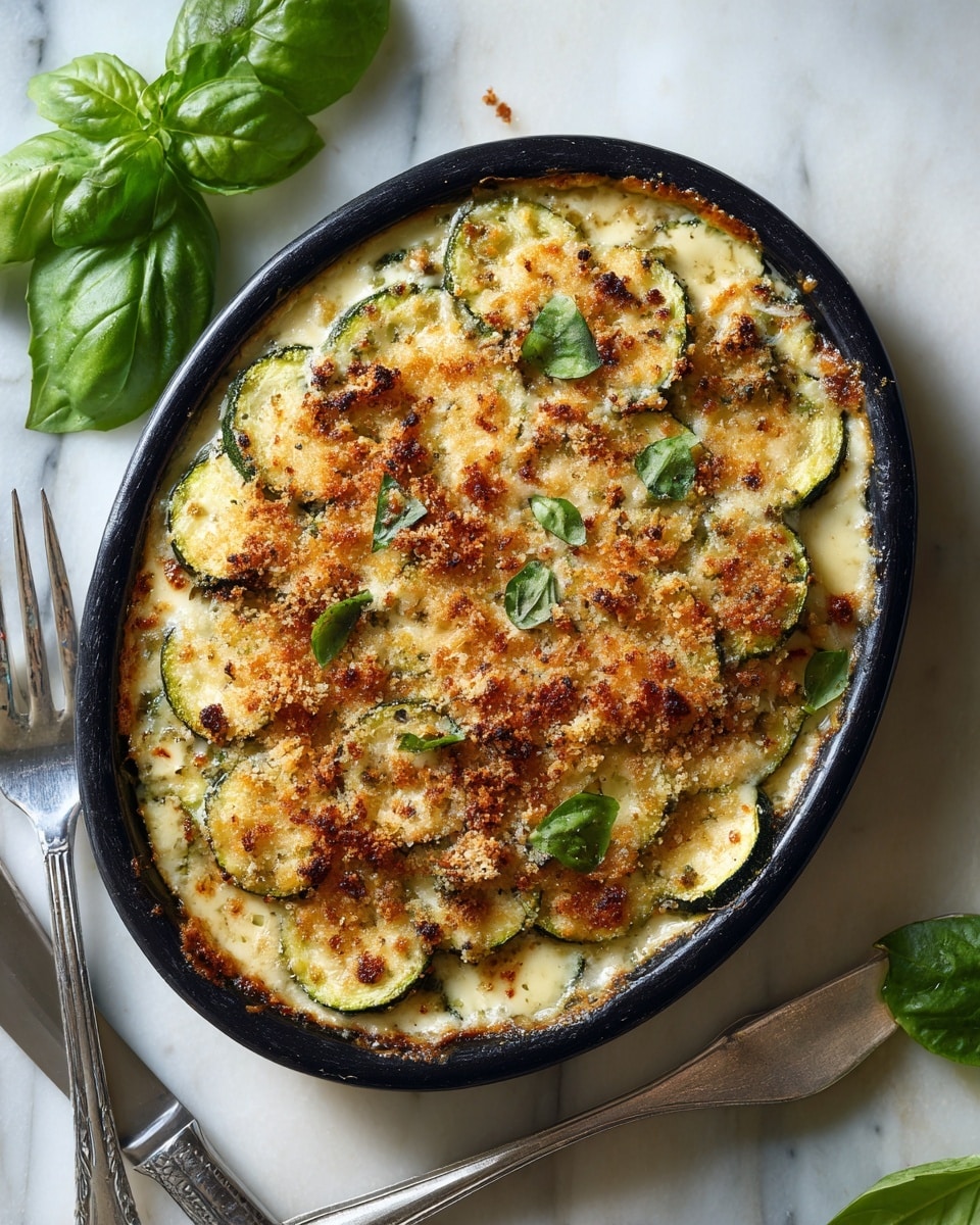 A golden brown baked dish sits in a black oval pan with a textured top layer of melted cheese and breadcrumbs creating a crispy crust; beneath this top layer, thinly sliced pieces of zucchini are visible, arranged throughout the creamy filling which has a pale yellow color mixed with green and light brown from the vegetables; the dish is set against a white marbled surface, with fresh green basil leaves placed near the pan, a fork and a knife resting beside it. Photo taken with an iphone --ar 4:5 --v 7