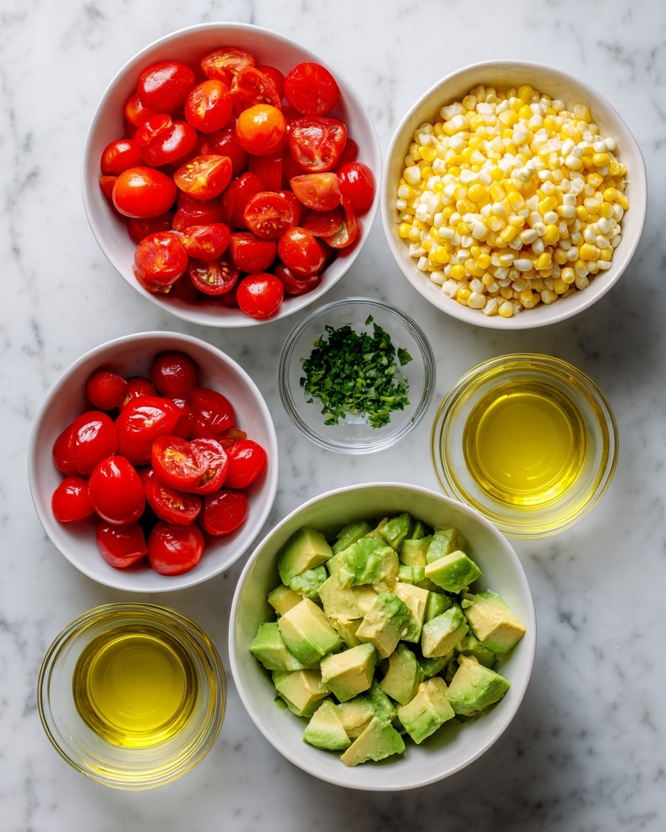 The image displays five white bowls arranged on a white marbled surface. The top right bowl contains two layers of bright yellow and white corn kernels, showing a rough, bumpy texture. The bottom right bowl holds chopped chunks of green avocado with a smooth texture. The bottom left bowl is filled with halved cherry tomatoes, vivid red with shiny skin. The small bowl at the top left has a small amount of finely chopped green herbs. Between the tomato and avocado bowls are two small clear glass containers, one filled with light yellow juice and the other with golden olive oil, both smooth and reflective. photo taken with an iphone --ar 4:5 --v 7