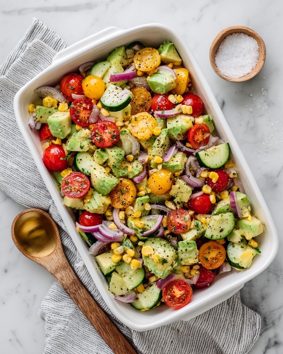This image shows a colorful salad served in a white rectangular dish on a white marbled surface with a striped cloth under the dish. The salad has four visible kinds of fresh vegetables. The bottom layer is light green cucumber chunks scattered unevenly. Mixed on top are bright red cherry tomato halves and slices of pale purple onion rings. Small yellow corn kernels are spread throughout the salad, adding a pop of color. Pieces of avocado with a creamy light green color are also mixed in. The salad looks fresh with a light coating of black pepper visible on some vegetables. On the right side of the dish, there is a small white bowl with salt and a wooden spoon next to it. The scene also includes a golden spoon below the dish, resting on the white marbled surface. Photo taken with an iphone --ar 4:5 --v 7