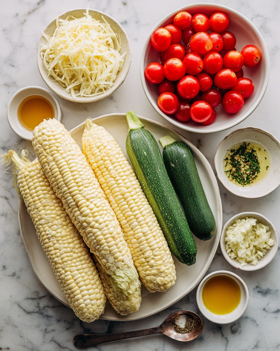 A white plate holds three pale yellow ears of corn and three green zucchinis, two whole and one sliced lengthwise showing the light green inner flesh. Near the plate, a white bowl is filled with bright red cherry tomatoes, some halved to show their juicy interiors. Another small white bowl contains shredded light-colored cheese. Surrounding these are smaller white bowls and a spoon with various seasonings and liquids in shades of amber, golden brown, and green, along with minced garlic and chopped herbs. All are placed on a white marbled surface. photo taken with an iphone --ar 4:5 --v 7