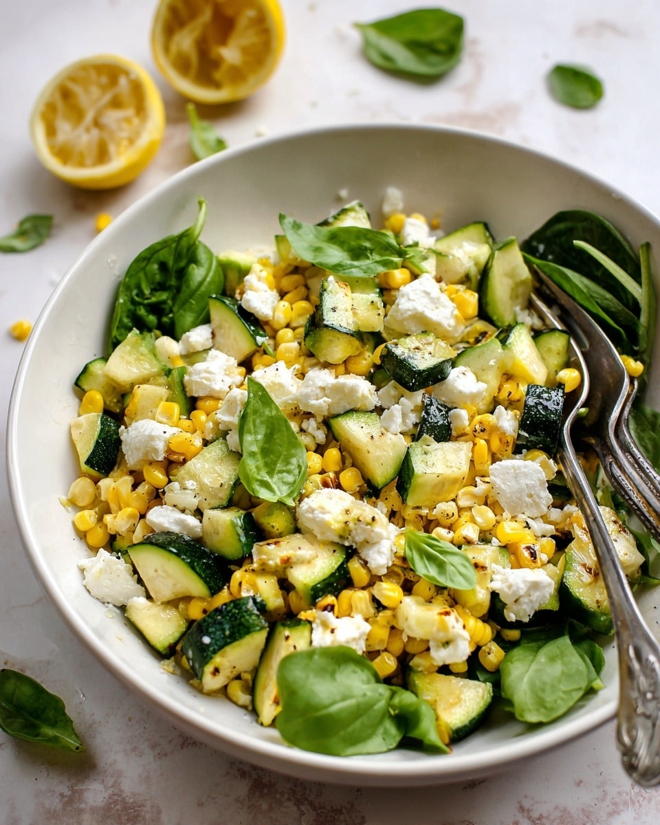 The image shows a close-up of a white bowl filled with a colorful salad. The salad has three main layers: bright yellow grilled corn kernels at the base, topped with light green and white grilled zucchini cubes, and scattered white chunks of soft cheese throughout. There are fresh spinach leaves on one side of the bowl and small torn basil leaves mixed in with the vegetables. Two silver forks rest in the bowl, and a halved yellow lemon is visible in the background on a white marbled surface. The photo taken with an iphone --ar 4:5 --v 7