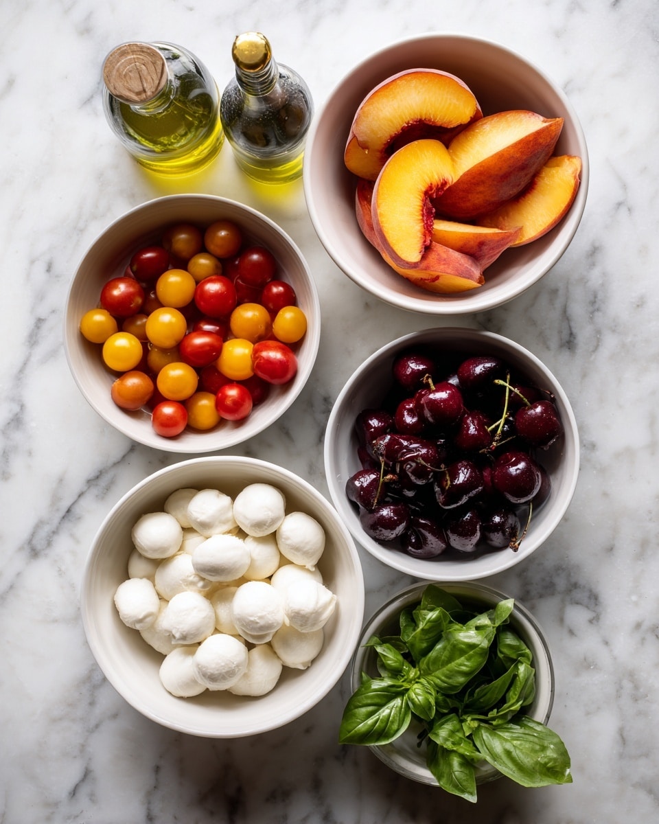Five white bowls are set on a white marbled surface. The top center bowl holds slices of bright orange peach with red edges, the right center bowl is filled with red and yellow halved cherry tomatoes, the bottom center bowl contains dark red halved cherries, the left center bowl is loaded with small white mozzarella balls, and the bottom right small bowl has fresh dark green basil leaves. Two bottles with golden caps, one with green oil and the other a dark vinegar, lie tilted on the top left on the marbled surface. Photo taken with an iphone --ar 4:5 --v 7