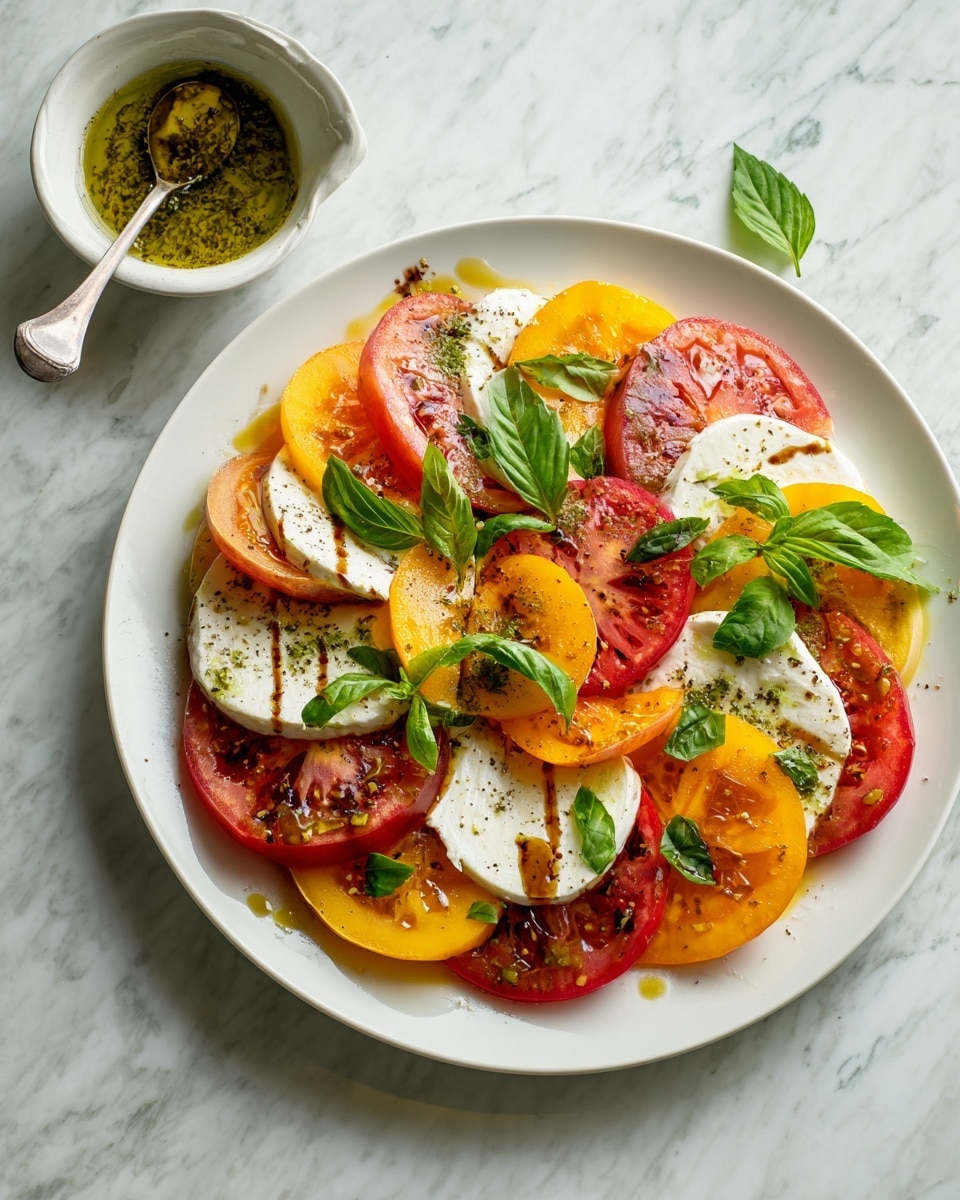 The image shows a white plate filled with a colorful layered salad. The base layer contains alternating slices of bright red tomatoes and soft white mozzarella cheese arranged in a circular pattern. On top of these, there are slices of vibrant orange-yellow peaches, adding a juicy texture. Fresh green basil leaves are scattered evenly across all layers, adding contrast and freshness. The layers are lightly drizzled with a glossy olive oil and balsamic glaze that adds a shiny finish. In the upper left corner, there is a small white bowl with a greenish dressing and a spoon, placed on a white marbled surface. photo taken with an iphone --ar 4:5 --v 7