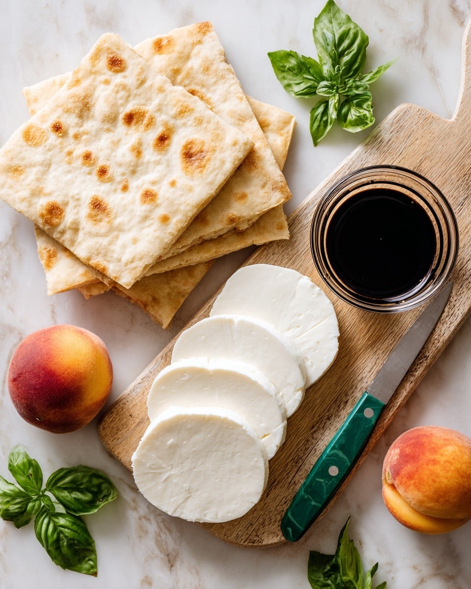 The image shows three pieces of flat, light tan bread with small brown spots, stacked on the left side over a white marbled surface. To the right, there is a wooden board holding slices of white mozzarella cheese arranged in two neat stacks with a green-handled knife beside them. Near the top right of the board, there is a small container filled with dark balsamic vinegar. Around the board and bread, there are two ripe peaches with orange and red skin, and fresh green basil leaves scattered at the bottom and edges. Photo taken with an iphone --ar 4:5 --v 7