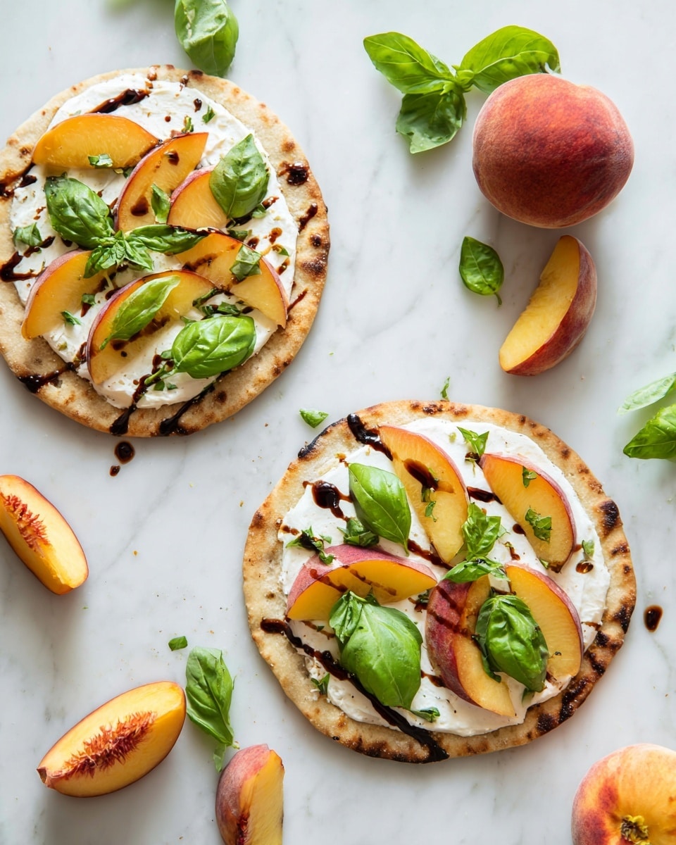 Two small flatbreads sit on a white marbled surface. Each flatbread has a light golden-brown crust with slight charring at the edges. On top, there is a base layer of white creamy cheese spread evenly. Sliced peach pieces are scattered over the cheese, adding soft orange and pink hues. Fresh green basil leaves are placed on top of the peaches, giving a fresh look. A dark balsamic glaze is drizzled over everything in thin lines. Around the flatbreads, whole and sliced peaches and extra basil leaves are scattered on the white marbled surface, creating a fresh and colorful scene. photo taken with an iphone --ar 4:5 --v 7