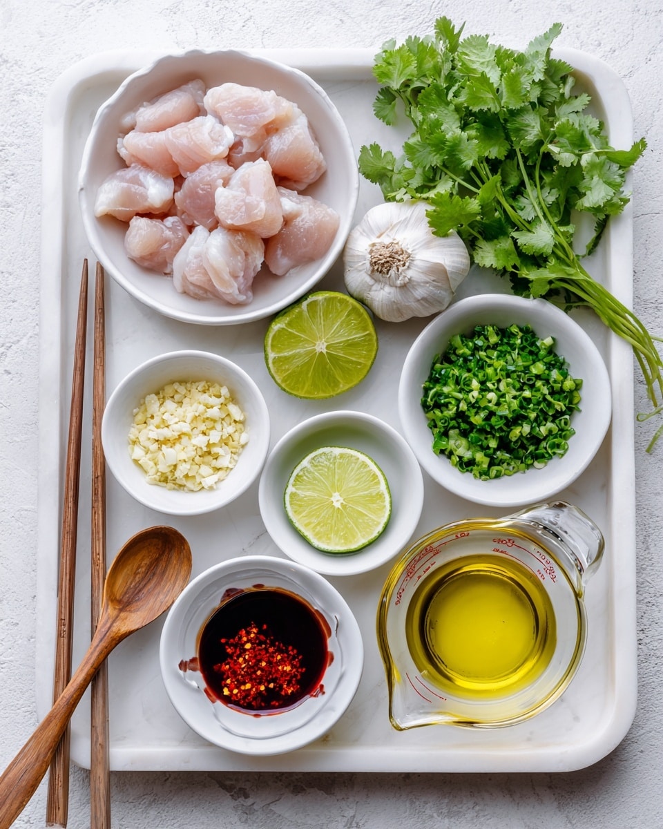 The image shows a white tray with seven small white bowls and a glass measuring cup with oil, all on a white marbled surface. The bowls contain light pink raw chicken pieces, bright green chopped cilantro, light yellow minced garlic, two whole white garlic cloves, two lime halves, white salt with red and yellow spices, and a small bowl of dark red sauce. A wooden spoon is placed by the bowls, and a pair of chopsticks lies across the tray. The overall scene looks clean and organized with a variety of fresh ingredients. photo taken with an iphone --ar 4:5 --v 7