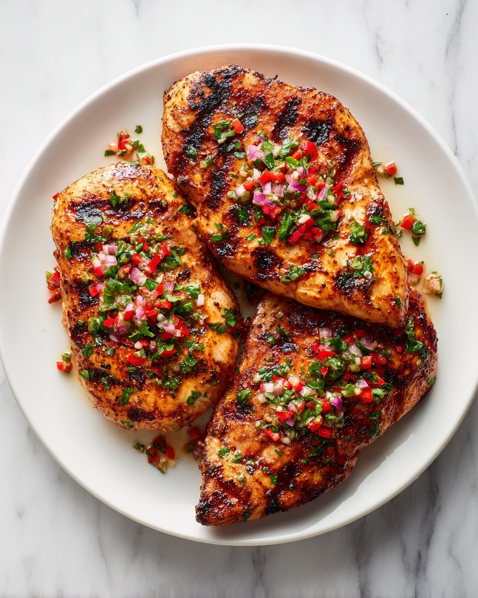 The image shows three browned pieces of cooked chicken placed closely together on a round white plate. Each chicken piece is topped with a colorful mix of finely chopped green herbs and small red chili pieces, adding a fresh and spicy look. The chicken has a slightly crispy, golden-brown texture with visible grill marks. The plate sits on a white marbled surface, which adds a clean and bright background. Photo taken with an iphone --ar 4:5 --v 7