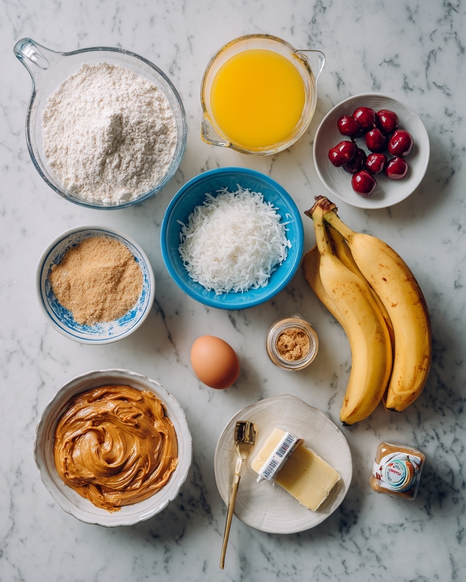 The image shows a white marbled surface with various baking ingredients arranged neatly. There is a clear measuring cup filled with white flour on the top left and next to it, a glass measuring cup containing bright yellow melted butter. Below the flour, a small blue bowl holds shredded white coconut. A small white bowl with a blue rim holds a single brown egg near the center. To the right, partially peeled ripe bananas sit on a white plate with some dark red cherries. Below the plate, a white bowl with caramel-colored peanut butter has a gold spoon resting inside. Near the bottom center is a small stick of butter in its wrapper. A blue bowl on the bottom left is filled with light brown sugar. A small jar with a label is in the middle with a white lid. The overall scene is calm and organized, ready for baking. Photo taken with an iphone --ar 4:5 --v 7
