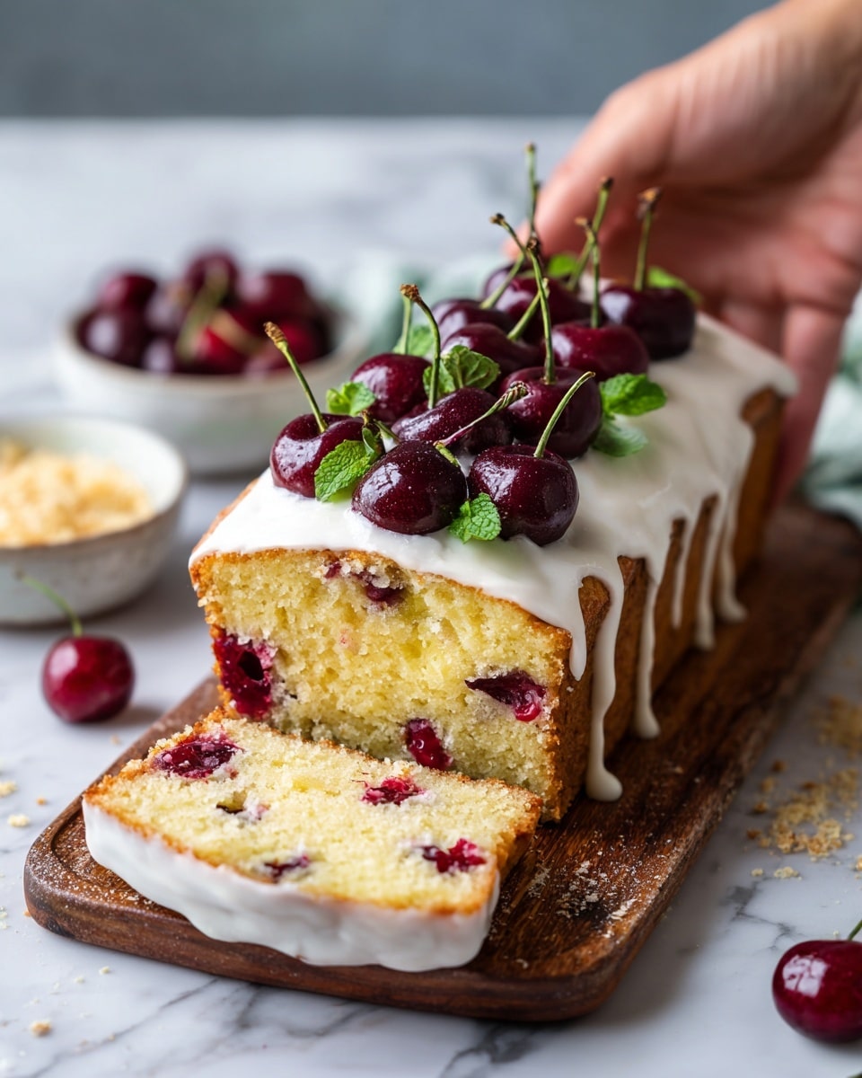 A sliced loaf cake sits on a wooden board over a white marbled surface. The cake has a light yellow color with red cherry pieces spread inside. The top layer is covered in white icing that drips down the sides. On top of the icing, there are halved dark red cherries with stems and green mint leaves, giving a fresh look. In the background, there are small white bowls filled with cherries and light golden crumbs. A woman's hand holds one slice slightly away from the loaf. Photo taken with an iphone --ar 4:5 --v 7