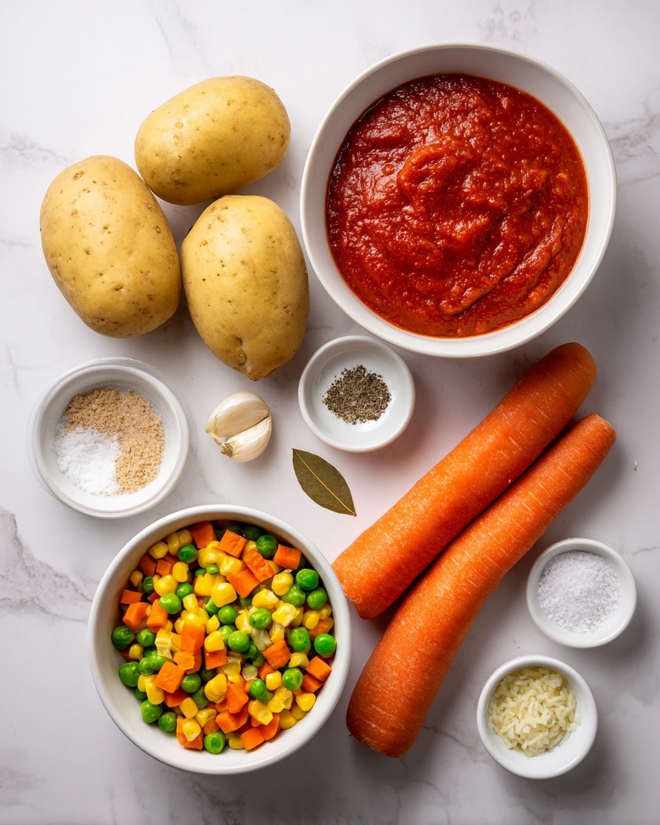 The image shows an overhead view of ingredients laid out on a white marbled surface. There is a white bowl filled with chunky red tomato sauce on the upper right. Nearby, there are three peeled potatoes centered in the image. Two whole orange carrots are placed to the right of the potatoes, lying parallel. On the lower left, a white bowl holds a colorful mix of chopped vegetables including carrots, peas, and corn. Small white dishes containing various spices or ingredients like salt, pepper, garlic, and bay leaves are scattered around, completing the arrangement. The overall look is neat with each element clearly separated. photo taken with an iphone --ar 4:5 --v 7