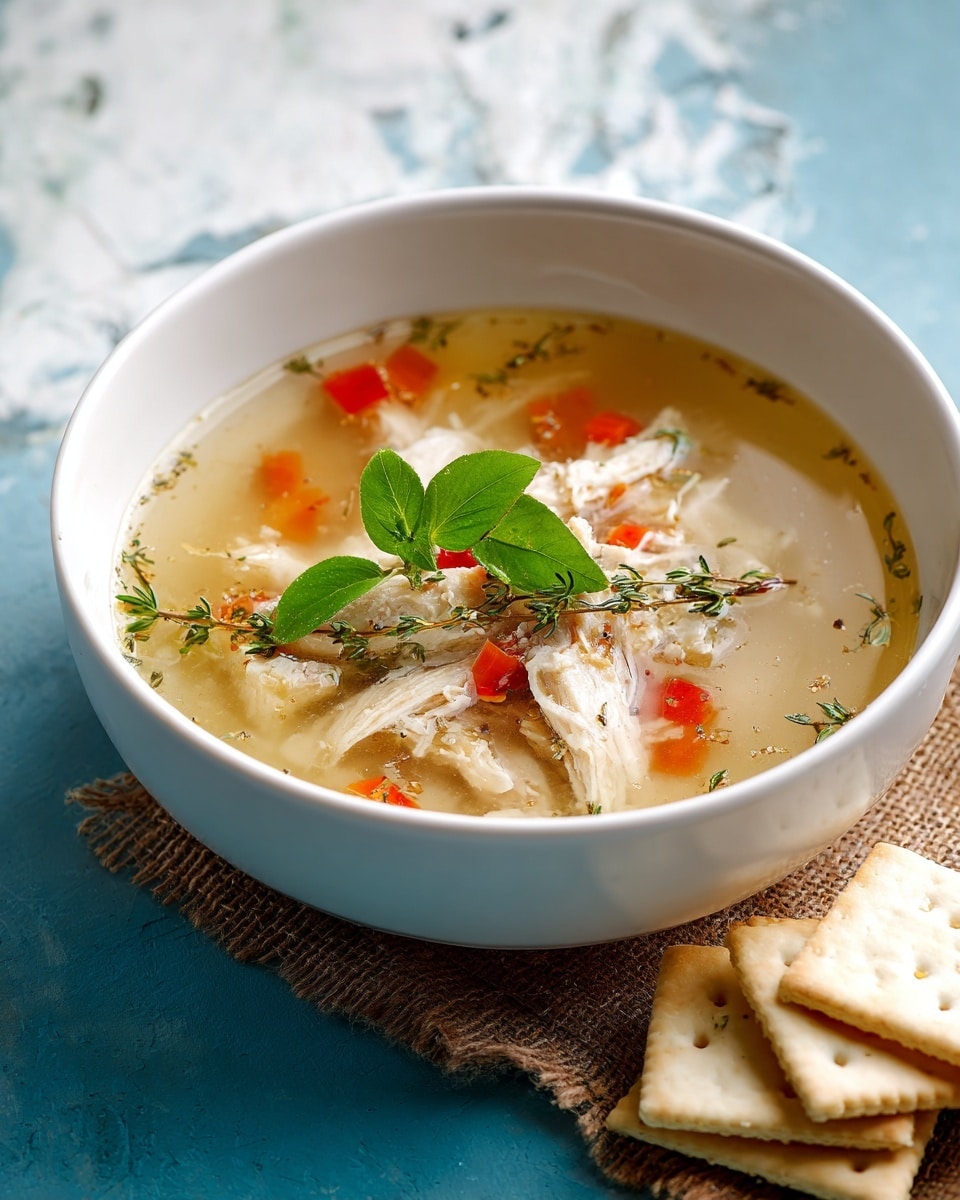 A white bowl filled with soup that has a clear broth with pieces of chicken and small red and orange vegetable bits floating inside. On top, a few fresh green herb leaves are placed as garnish. The bowl is on a blue surface with a piece of brown burlap fabric underneath. To the side of the bowl, there are stacked square crackers. The background has a white marbled texture. Photo taken with an iphone --ar 4:5 --v 7