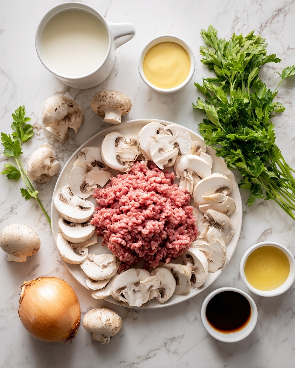 The image shows a white plate with raw ground meat in the center, surrounded by sliced mushrooms that are light brown and white, placed on the plate in layers around the meat. On the white marbled surface, there are small white bowls containing a creamy white sauce, a light yellow liquid, and a dark brown liquid. A large yellow-brown onion and a bunch of green parsley leaves are placed on the side. In the upper left corner, there is a white cup of milk. The overall scene is well-lit and clean, with the ingredients organized neatly, showing various textures of smooth, rough, and fresh elements. Photo taken with an iphone --ar 4:5 --v 7