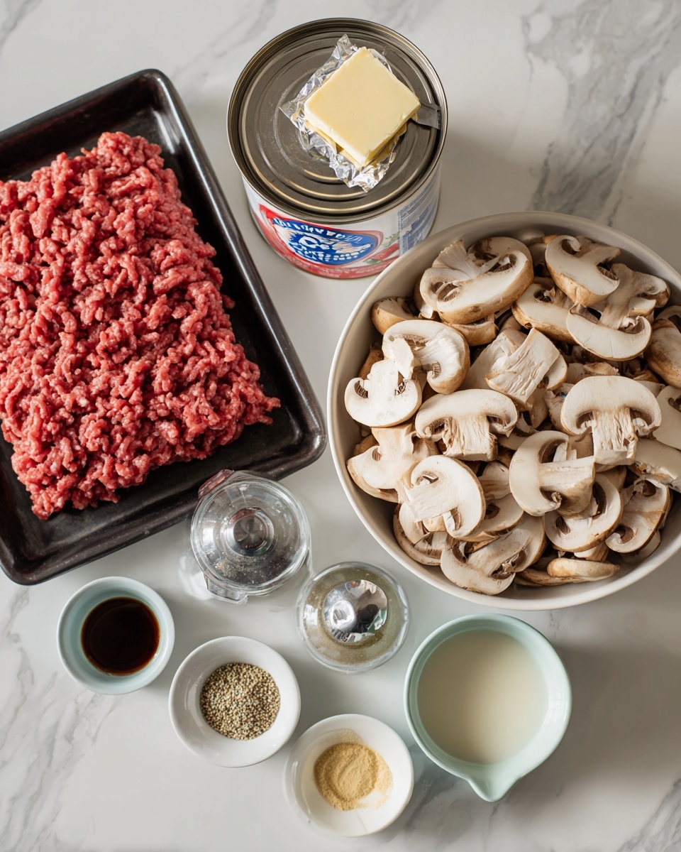 The image shows raw ground beef with a deep red color placed on a black tray in the center back. Next to it on the right is a white bowl full of fresh, sliced mushrooms with a light brown and off-white color. To the left is a white can of beef broth with a red and blue label, topped with a foil-wrapped cube of salted butter. In front of these, a small clear measuring cup holds light cream, a black shaker with pepper, a small white plate with three different powders and seeds arranged in a row – beige, light green, and tan – and two small bowls, one white with a light yellow powder and the other pale blue with a dark liquid. The entire arrangement is set on a white marbled surface. Photo taken with an iphone --ar 4:5 --v 7