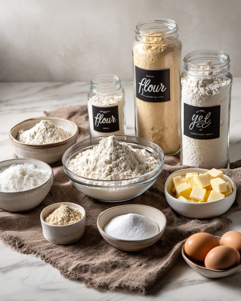 The image shows several clear glass bowls and jars arranged on a textured brown cloth over a white marbled surface. In the background, there are two large jars with black labels reading