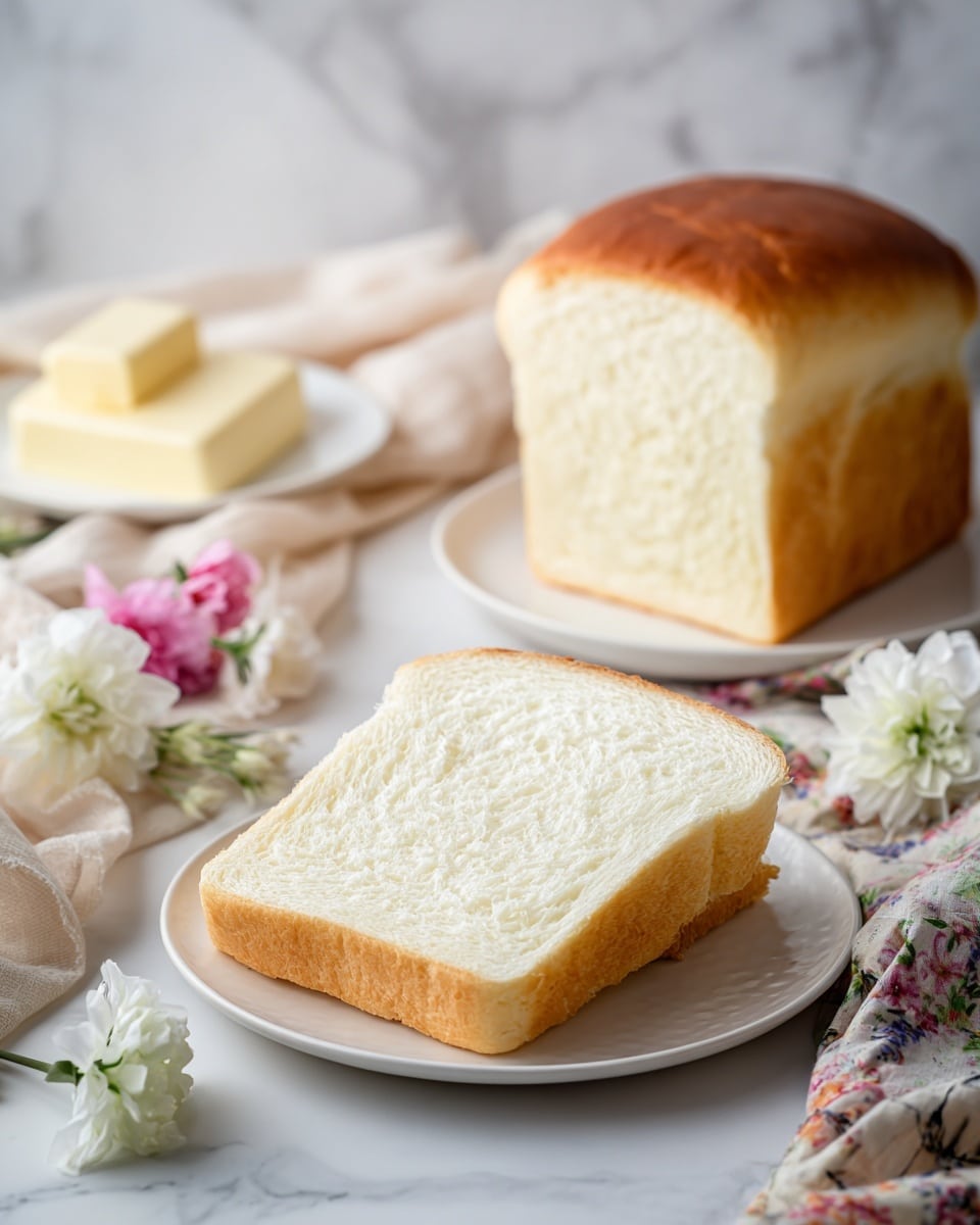 A thick slice of soft white bread with a golden-brown crust sits in the center of a simple white plate, showing a fluffy and light texture inside. Behind it, there is a white plate holding a loaf of bread with a smooth, shiny, and slightly browned surface, and one more slice placed next to it. A few pale yellow butter sticks rest on a white plate in the background. Delicate pink and white flowers lie next to the plates on a white marbled surface, and a floral cloth is softly draped to the side. The scene is softly lit, making the bread look fresh and inviting. photo taken with an iphone --ar 4:5 --v 7