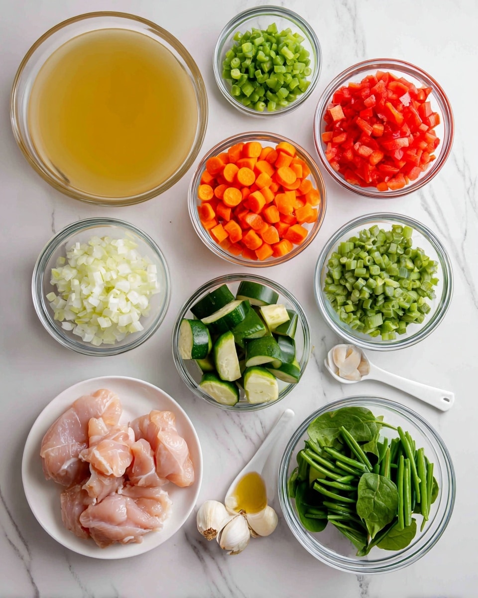 The image shows a white marbled surface with several clear glass bowls arranged neatly. From top left to bottom right, there is a large bowl of light yellow broth, a small bowl of chopped green celery, a small bowl of white chopped onions, a tall glass with diced red tomatoes, a medium bowl of bright orange sliced carrots, a small white spoon holding minced garlic, a white plate with two raw light pink chicken pieces, a medium bowl of fresh green spinach leaves, a medium bowl of sliced green zucchini, and a medium bowl of chopped green beans. The clear glass bowls show the vibrant colors and fresh textures of the vegetables, all placed separately in an organized way. Photo taken with an iphone --ar 4:5 --v 7