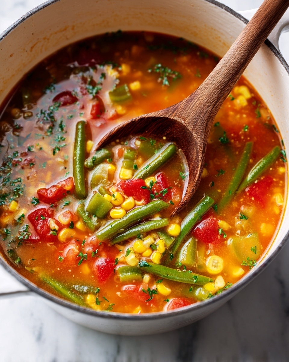 A close-up view of a white pot filled with vibrant vegetable soup. The soup has layers of bright red tomato pieces, green beans, and yellow corn, all mixed in a clear, orange broth. Small green herbs float on top, adding a fresh touch. A wooden spoon is stirring the soup, showing the texture of the vegetables and liquid. The pot sits on a white marbled surface. Photo taken with an iphone --ar 4:5 --v 7