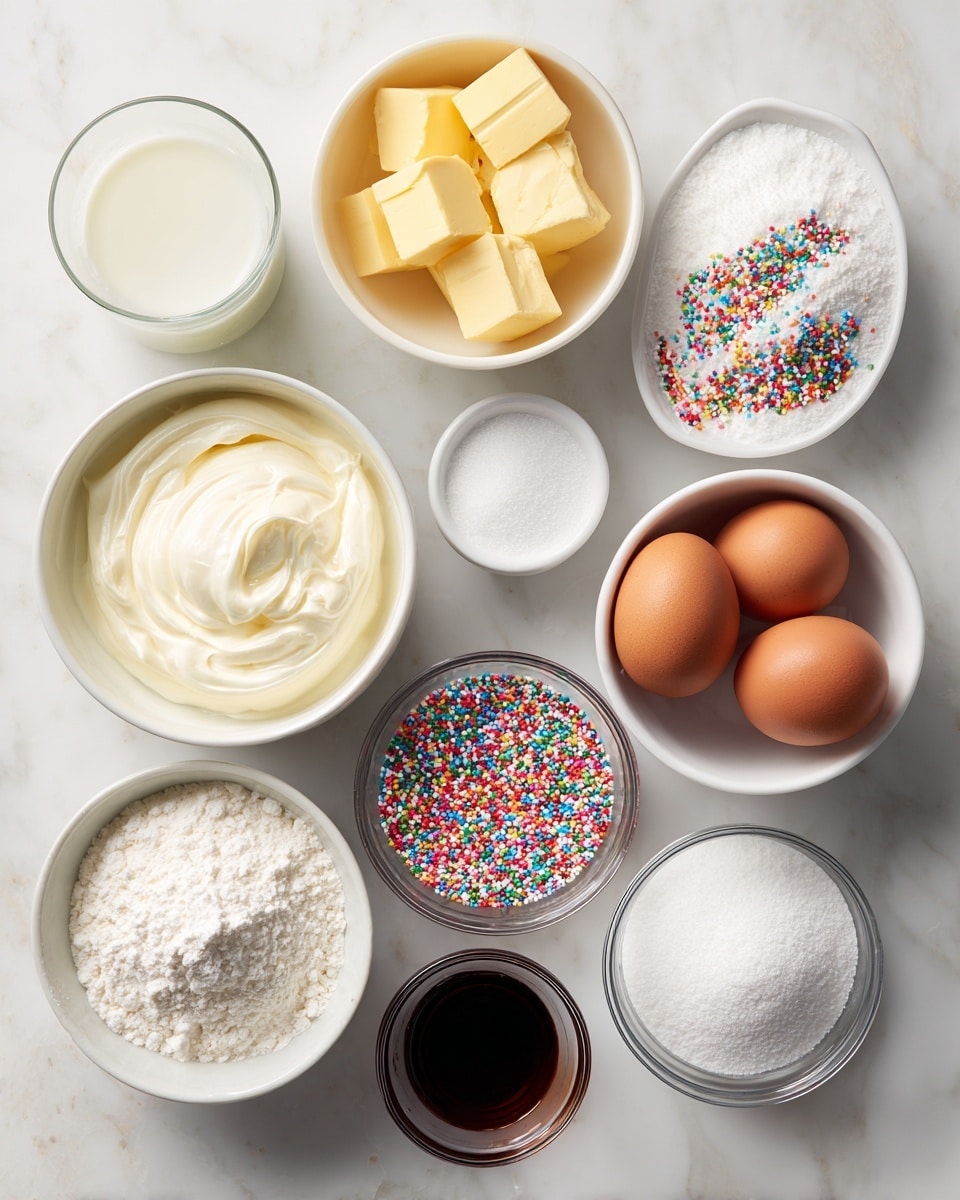 The image shows nine ingredients arranged neatly on a white marbled surface. Starting from the top left, there is a small glass filled with milk, next to it a white bowl holding several small cubes of yellow butter. To the right, another white bowl contains white powdered sugar, and next to it is a clear small bowl full of colorful rainbow sprinkles. Below the milk, there is a white bowl filled with a creamy white substance, likely sour cream or cream cheese. In the center, two brown eggs are placed side by side. Just above the eggs, a clear small bowl contains a white powder, possibly baking powder or cornstarch. Below the sour cream bowl, a small white bowl filled with white granulated sugar sits. Finally, at the bottom center, a small clear bowl holds a dark brown liquid, probably vanilla extract. The photo was taken with an iphone --ar 4:5 --v 7