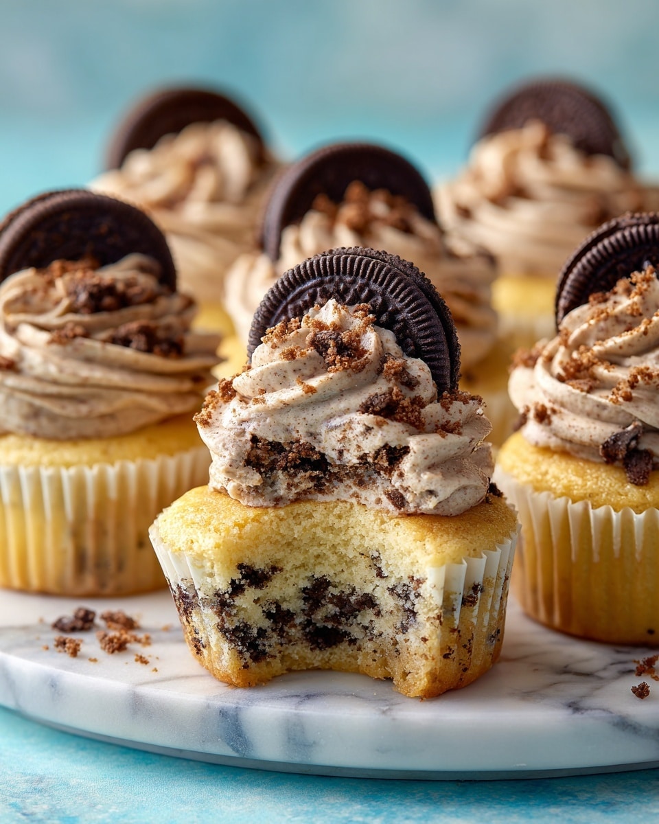 The image shows a close-up of several cupcakes arranged on a light blue plate with a white marbled surface underneath. Each cupcake has three layers visually: the base layer is a light yellow cake with dark cookie pieces inside, giving a speckled look; the middle layer is a thick swirl of light brown cream with darker cookie crumbs sprinkled on top; the top layer is a half of a dark chocolate sandwich cookie pressed on one side of the cream. One cupcake in the front is partly eaten, showing the soft texture of the cake and the creamy frosting clearly. Photo taken with an iphone --ar 4:5 --v 7
