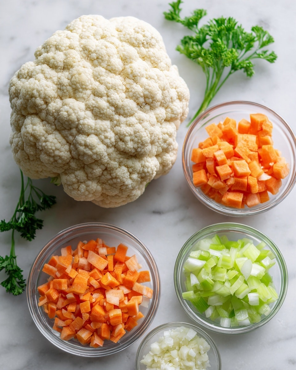 The image shows a whole cauliflower with a light cream color and textured surface placed on a white marbled background. Four small clear glass bowls surround it, each filled with chopped vegetables: bright orange carrot pieces, light green celery chunks, white chopped onion, and finely minced white garlic in a small white bowl. Fresh green parsley sprigs with leafy texture are placed near the bowls and cauliflower to add color contrast. The arrangement is clean and simple, with the items spaced evenly on the smooth white marbled surface. photo taken with an iphone --ar 4:5 --v 7