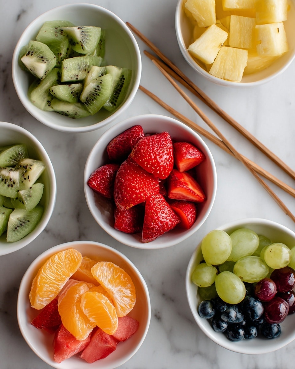 The image shows five small white bowls arranged on a white marbled surface. Each bowl holds a different type of fruit: one bowl has cut green kiwi slices with visible seeds, another has bright red strawberries whole or halved, a third bowl contains pale yellow pineapple chunks, a fourth has orange cantaloupe cubes, and the last bowl is filled with green and red grapes mixed with small blueberries. Two pairs of wooden chopsticks are placed near the bowls. photo taken with an iphone --ar 4:5 --v 7
