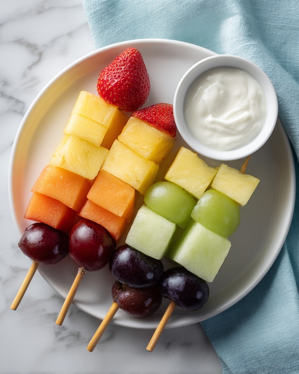 Two fruit skewers rest on a white plate with a small white bowl of creamy white yogurt on the top right corner. Each skewer has five large chunks of different fruits arranged in a row: yellow pineapple with a smooth texture, bright red strawberry with a seed-speckled surface, orange cantaloupe with a slightly rough texture, light green grape with a smooth shinny skin, and a dark purple grape with a smooth skin. The plate is on a white marbled surface with a light blue cloth partially under it. The photo taken with an iphone --ar 4:5 --v 7