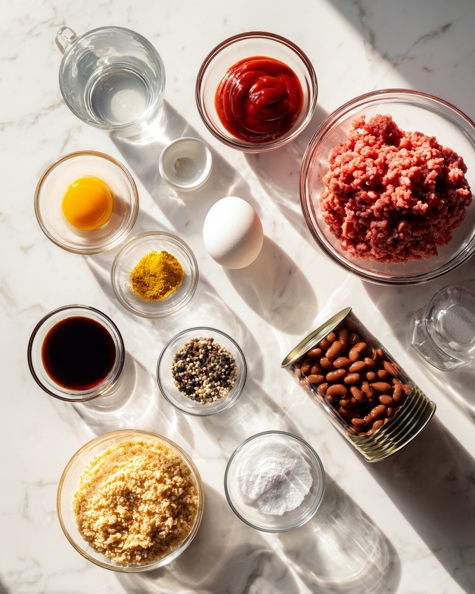 A flat lay of ingredients on a white marbled surface includes a large clear glass bowl on the right filled with light red ground meat, and next to it is a smaller clear bowl with dark red ketchup. Above the ketchup bowl is a small clear bowl with a whole white egg. To the left of the egg is a small clear bowl with dark soy sauce, and above it is a small bowl of yellow powder, possibly mustard powder. Above the yellow powder is a small bowl with mixed black and white pepper. At the center is a medium clear bowl filled with yellowish breadcrumbs. To the right of the breadcrumbs is an open can with dark brown baked beans inside, and above the can is a small clear measuring cup with a small amount of water. Near the breadcrumbs are two small clear bowls, one with white starch powder and one with salt. The shadows and bright light emphasize the clean white marbled surface and clear bowls. Photo taken with an iphone --ar 4:5 --v 7