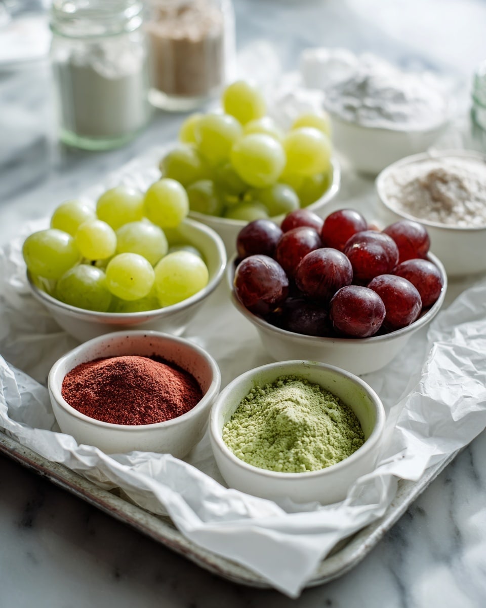 The image shows a tray with five small white bowls arranged in two rows; the back row has three bowls filled with round, fresh grapes—two bowls have light green grapes and one bowl in the middle has red grapes. In the front row, there are two bowls: the left bowl contains a red powder mixed with white granules, and the right bowl is filled with a green powder. The bowls are placed on crumpled white parchment paper lining the tray, which rests on a white marbled surface. In the background, blurred glass containers hold white and light brown powders. The light is soft and natural, highlighting the textures of the grapes and powders. photo taken with an iphone --ar 4:5 --v 7