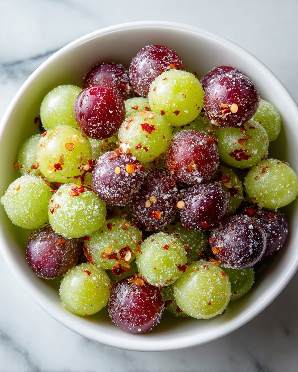 A white bowl filled with two types of grapes: green and purple. The grapes are coated in a light layer of white powder and sprinkled with red chili flakes, giving a spicy look. The grapes are piled evenly, mixing both colors throughout the bowl. The white marbled surface below adds a bright, clean background to the dish. photo taken with an iphone --ar 4:5 --v 7