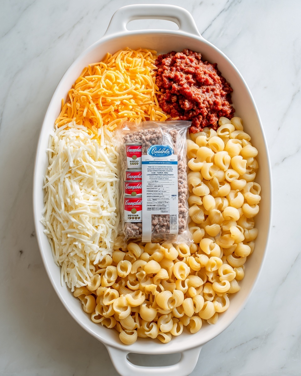 A white oval dish with handles holds several ingredients neatly arranged in layers. On the left side, there is a layer of shredded orange cheddar cheese, next to it is a pile of shredded mozzarella cheese in a creamy white color. In the center sits a square package of ground beef wrapped in clear plastic with a blue and white label. To the right of the beef, two red and white Campbell's tomato soup cans stand side by side. The far right side is filled with a pile of uncooked small yellow pasta shells. The dish is placed on a white marbled surface. photo taken with an iphone --ar 4:5 --v 7