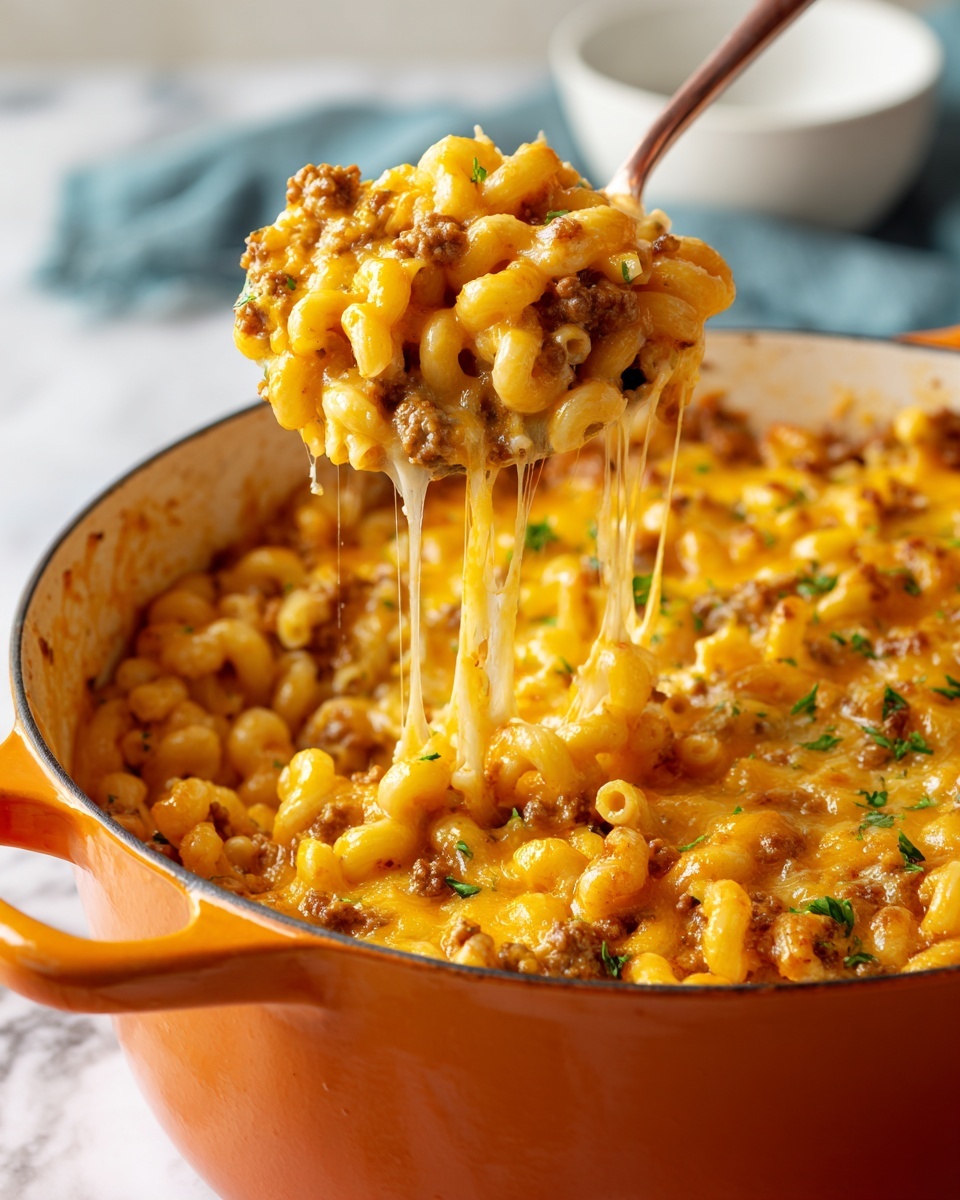 This image shows a close-up of a large orange pot filled with cheesy macaroni and ground meat. The macaroni is curly and covered with melted bright yellow cheese, some slightly browned spots on top, and sprinkled green bits, likely herbs, adding small pops of color. A spoon lifts a serving of the macaroni out of the pot, with melted cheese stretching down from the spoon to the pot. The pot is placed on a white marbled surface, with a white bowl and a blue bowl slightly blurred in the background. The overall look is warm and cheesy with soft textures and rich colors, photo taken with an iphone --ar 4:5 --v 7