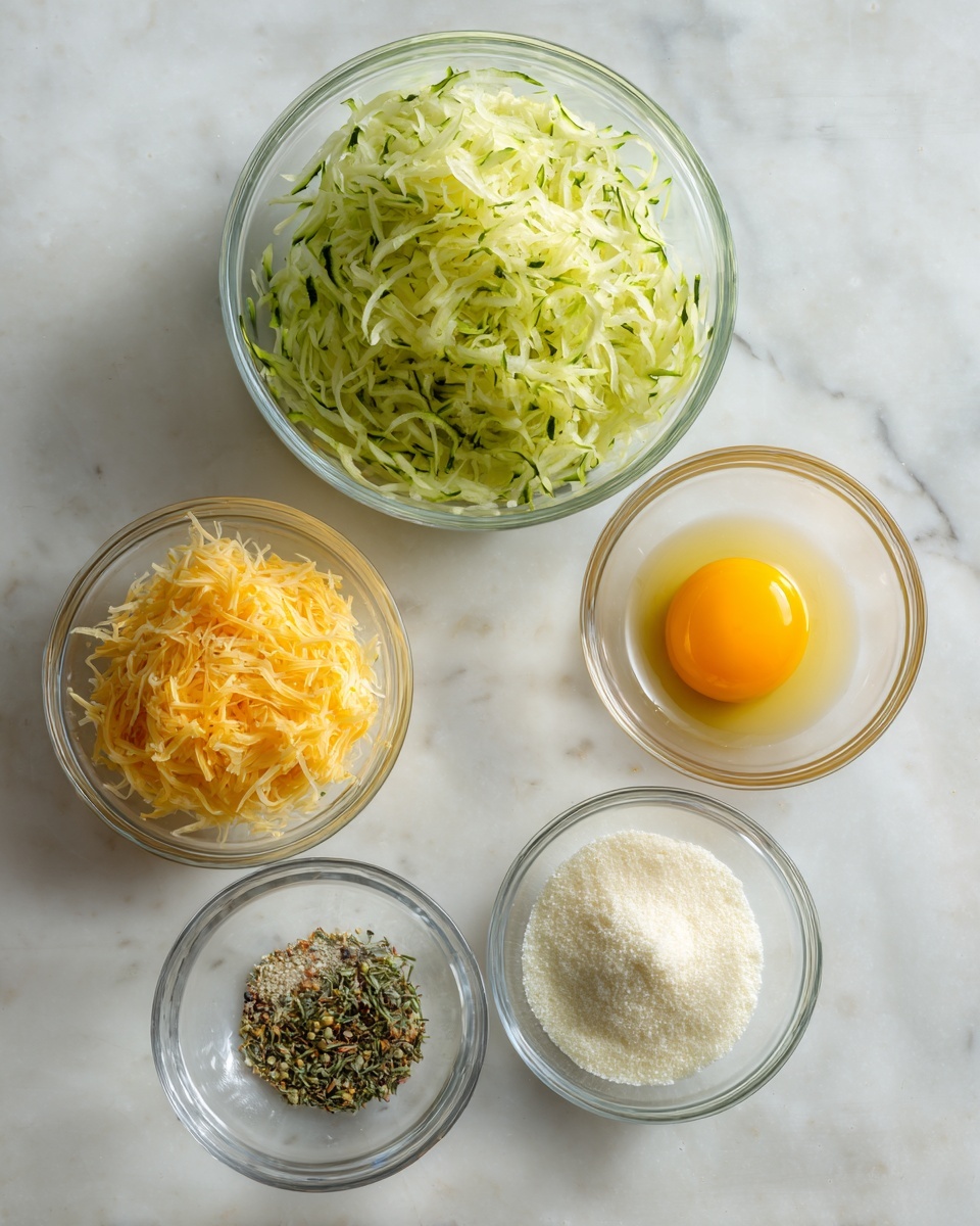 The image shows five clear glass bowls placed on a white marbled surface. The largest bowl at the top left is filled with shredded green zucchini, showing thin, moist strips. To the right, a medium bowl holds a single raw egg with a bright yellow yolk and clear egg white. Below the egg, another medium bowl contains shredded orange cheese with a soft texture. At the bottom middle, a small bowl contains fine white flour or breadcrumbs. The bottom left small bowl holds a mix of dried herbs and spices with visible green, black, and light brown specks. photo taken with an iphone --ar 4:5 --v 7