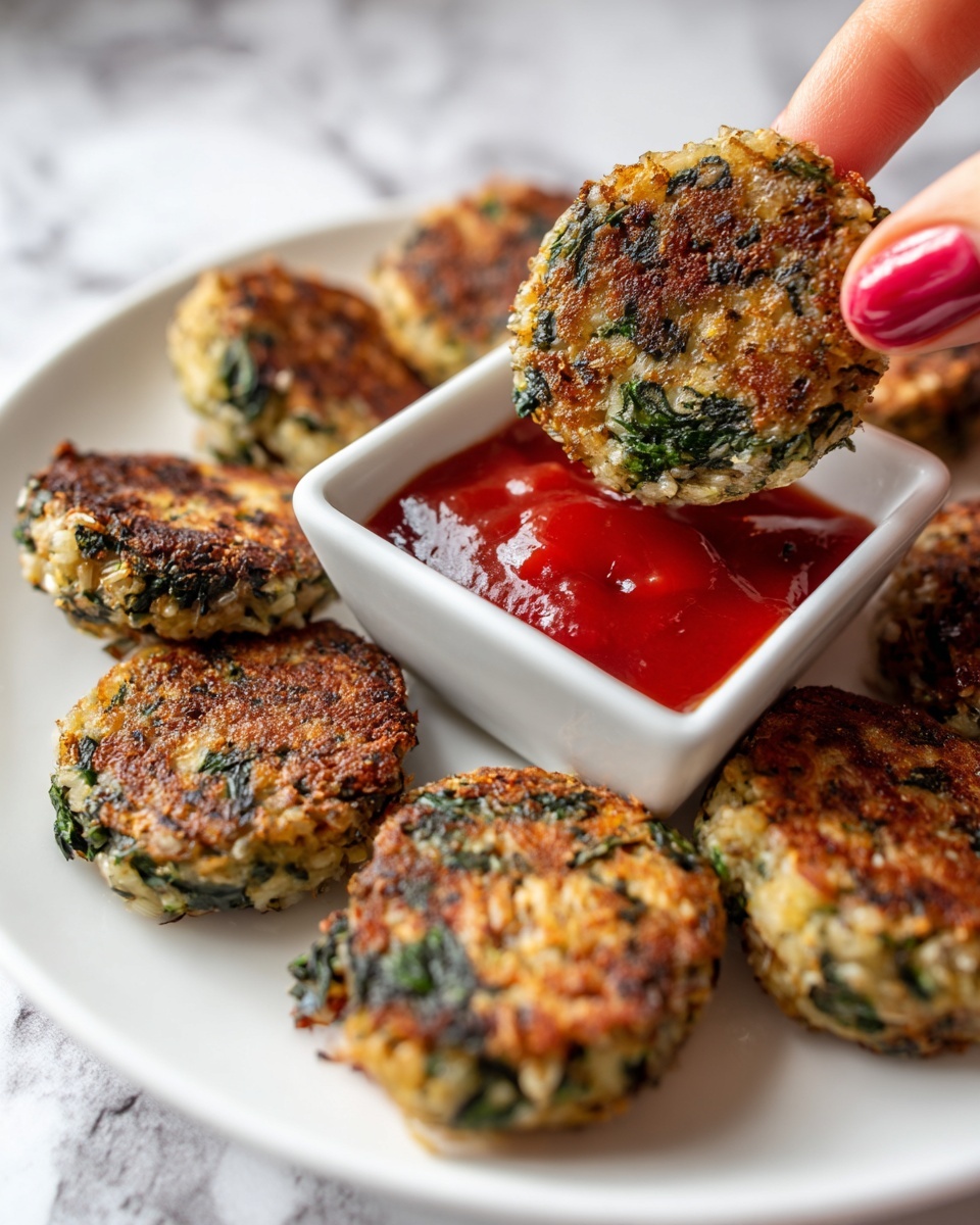 A white round plate with several golden brown bite-sized patties mixed with green spinach pieces. One patty is being held by a woman's hand, above a small white square dish filled with bright red ketchup placed in the center of the plate. The patties have a rough texture and look crispy on the outside. The background is white marble. photo taken with an iphone --ar 4:5 --v 7