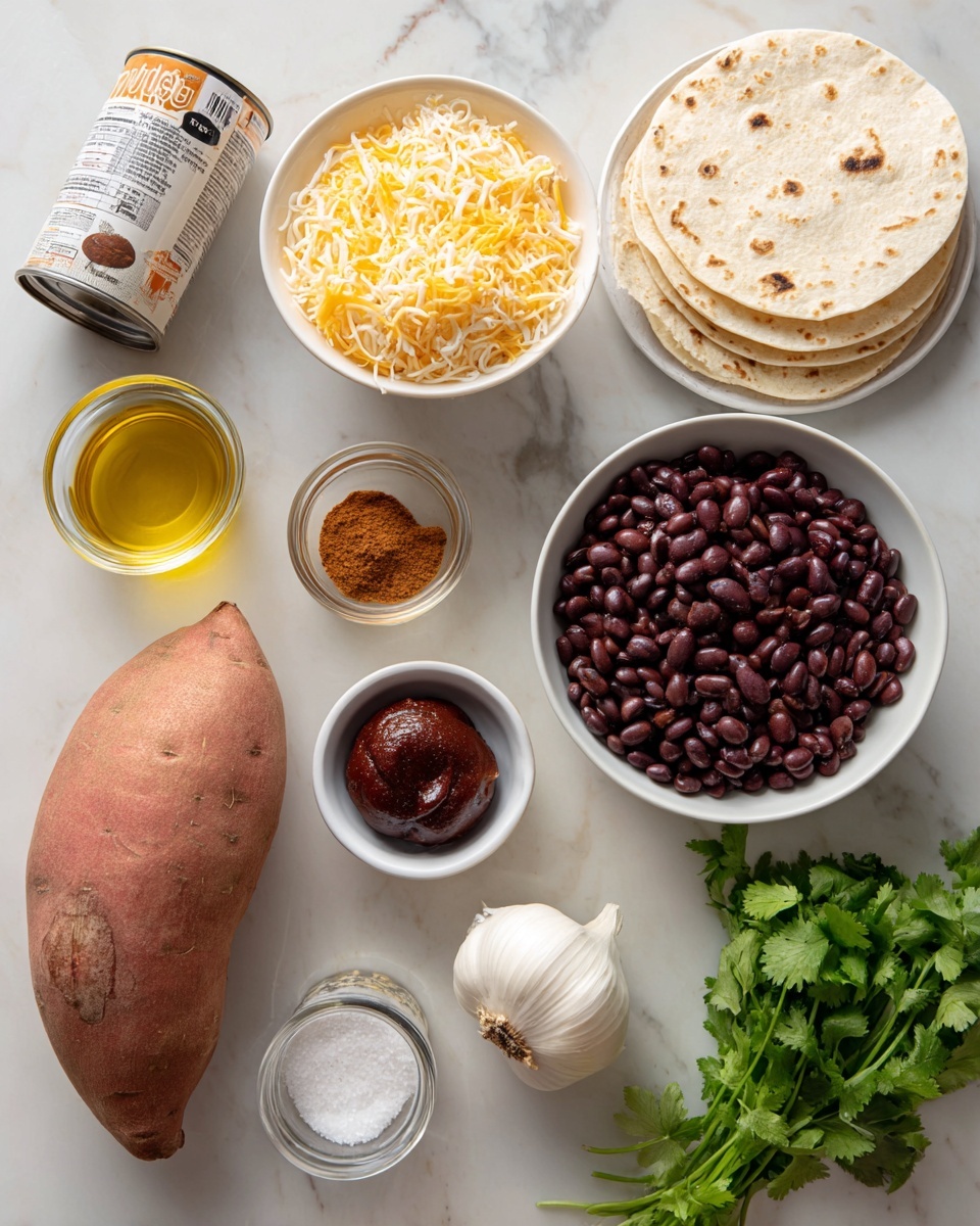 The image shows ingredients neatly arranged on a white marbled surface, including a white bowl filled with shredded yellow and white cheese; a stack of light brown tortillas placed in a white plate; a whole dark red sweet potato; a can of black beans with a white label; a medium yellow onion; a small white bowl with dark red paste; a glass bowl containing golden olive oil; a whole white garlic bulb; a small white bowl with white salt; two green spice jars labeled cumin and chili powder; a brown spice jar labeled cinnamon; and a small bunch of fresh green cilantro leaves. photo taken with an iphone --ar 4:5 --v 7