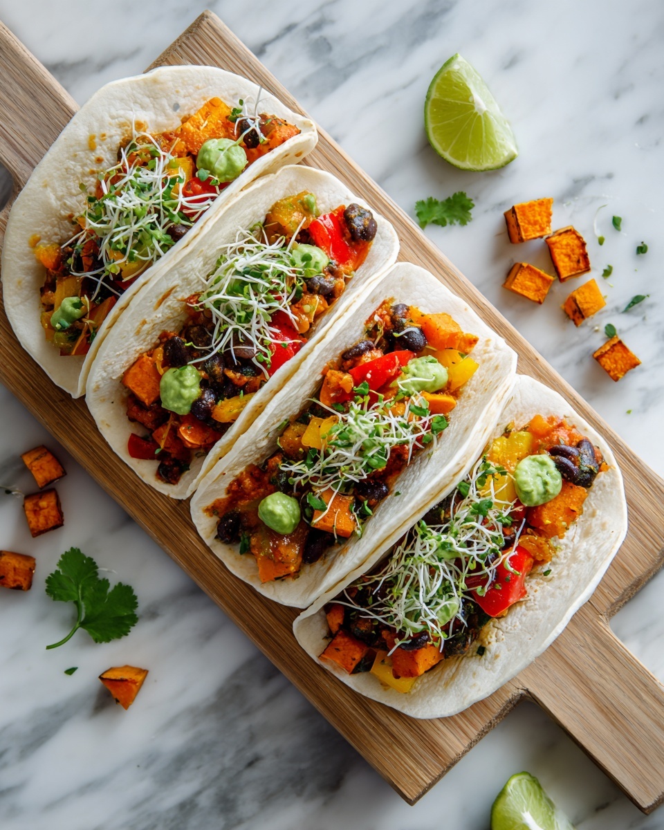 Four soft, white tortillas are open and laid in a slight curve on a light wooden board, each filled with layers of colorful cooked vegetables such as orange sweet potatoes, red and yellow bell peppers, and small black beans. Bright green dollops of sauce peek from under the vegetables, topped with thin white and green sprouts scattered on each taco. Around the board, small pieces of sweet potatoes are scattered, along with bright green cilantro leaves and a lime wedge on a white marbled surface. photo taken with an iphone --ar 4:5 --v 7