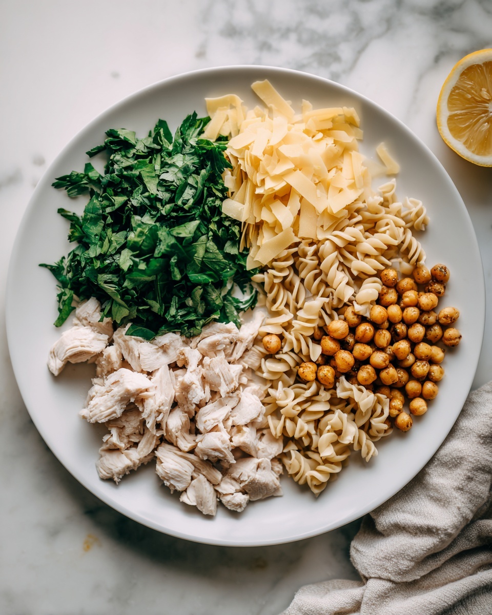 A white plate with five different food sections arranged separately on a white marbled surface background. On the top left is a pile of chopped green leafy herbs with a fresh, leafy texture. To the right of the herbs are thin, light yellow shaved pieces with a soft and silky look. At the bottom left, there are small chunks of cooked white chicken with a tender texture. Next to the chicken, toward the center, is a pile of golden brown roasted chickpeas with a crunchy texture. On the far right side of the plate, there is a group of short, spiral-shaped light beige pasta pieces. A slice of lemon and a woman's hand holding a cloth are partially visible near the edge of the frame. Photo taken with an iphone --ar 4:5 --v 7