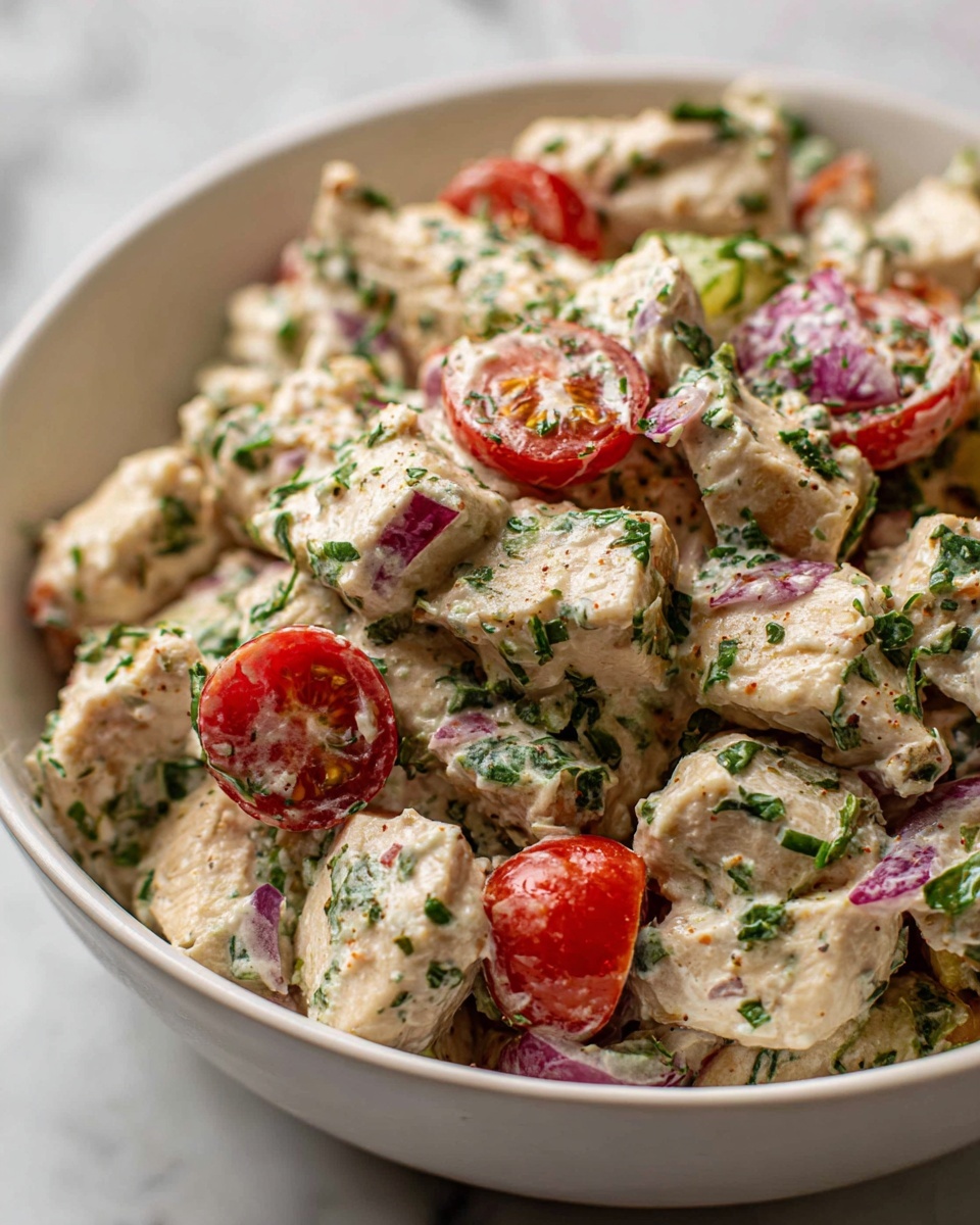 A close-up view of a white bowl filled with a creamy chicken salad on a white marbled surface. The salad has chunks of light brown chicken mixed with small pieces of red cherry tomatoes, green chopped herbs, and tiny bits of purple onion, all coated in a thick white dressing. The texture shows a mix of soft chicken pieces and fresh vegetables, creating a colorful and fresh look. photo taken with an iphone --ar 4:5 --v 7