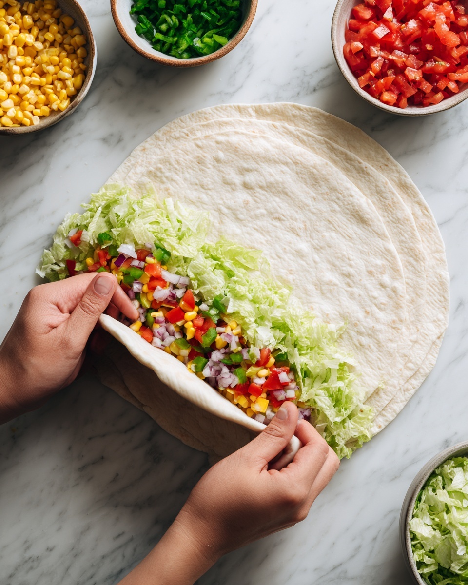 A close-up sequence shows the step-by-step process of folding a tortilla wrap on a white marbled surface. First, on the bottom tortilla, there is a layer of chopped green lettuce. On top of the lettuce, colorful toppings including diced tomatoes, onions, corn, and green peppers are spread. A second plain tortilla is placed on top of the layered fillings. Then, a woman's hand is gently folding the bottom tortilla over the second tortilla to start wrapping. The process continues as both sides of the bottom tortilla are folded over the fillings, with the woman's hands carefully pressing and tucking the edges to secure the wrap tightly. Bowls filled with red, green, and yellow toppings sit in the background around the tortilla. Photo taken with an iphone --ar 4:5 --v 7