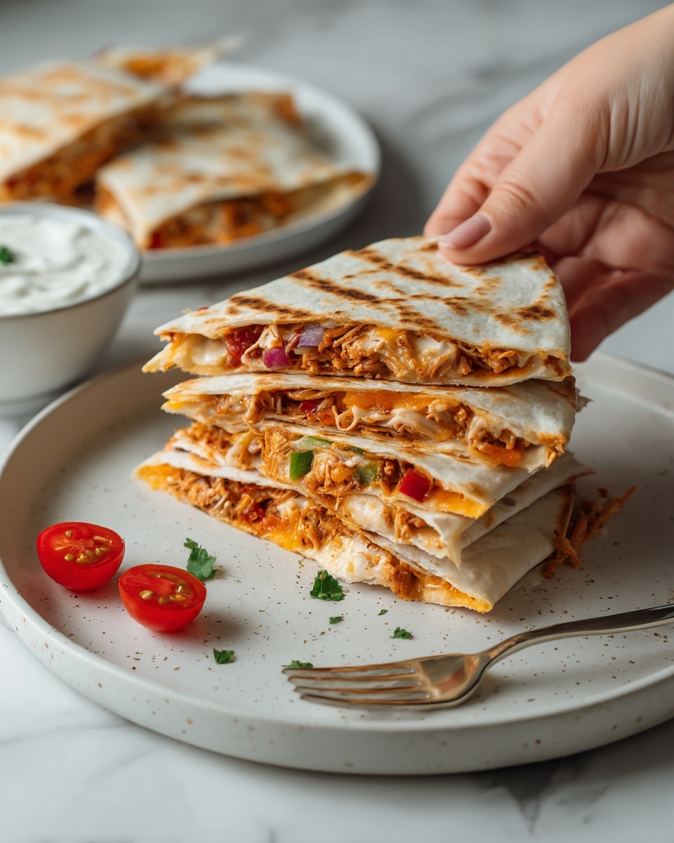 The image shows four triangular quesadilla slices stacked on a white plate. The quesadilla outer layer is golden brown with light grill marks. Inside, there are visible layers of melted cheese, shredded orange meat, and pieces of red and green vegetables, giving a mix of warm orange, yellow, red, and green colors. The plate has small specks, and there are two small cherry tomatoes on the side. A silver fork is placed next to the quesadilla on the plate. In the background, there is a small white bowl with a creamy white sauce and another white plate with extra quesadilla pieces, all on a white marbled surface. A woman's hand is holding one the quesadilla slices at the top left. Photo taken with an iphone --ar 4:5 --v 7