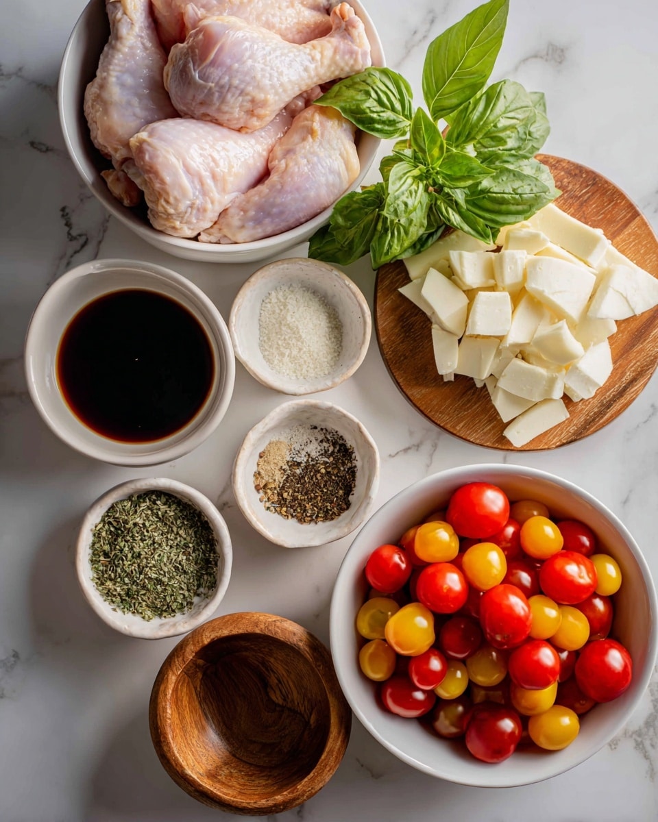 The image shows a top view of ingredients for a meal on a white marbled surface. There is a white bowl filled with small red and yellow cherry tomatoes in the lower right. Near the top center, a white bowl holds raw chicken pieces with smooth pink skin. To the upper right, a round wooden plate holds evenly sliced white cheese. Fresh green basil leaves sit on the surface next to the cheese. Several small wooden bowls hold various seasonings and sauces, including dark soy sauce, a mixture of salt and black pepper, and dried herbs and spices. One empty wooden bowl is placed on the bottom left. The photo taken with an iphone --ar 4:5 --v 7