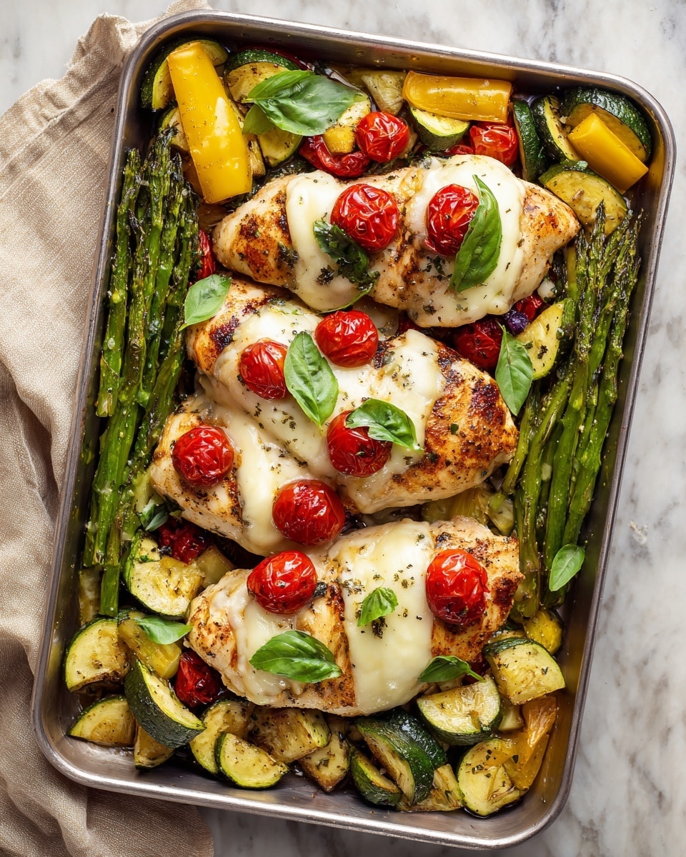 A large silver baking tray filled with four pieces of cooked chicken layered with two slices of white melted cheese each, topped with grilled red cherry tomatoes and fresh green basil leaves. Around the chicken, there are mixed roasted vegetables including green asparagus stalks, yellow bell pepper chunks, and green zucchini pieces cut into semi-circles, all seasoned with herbs and pepper. The tray is placed on a white marbled textured surface with a beige cloth partially visible on the side. photo taken with an iphone --ar 4:5 --v 7